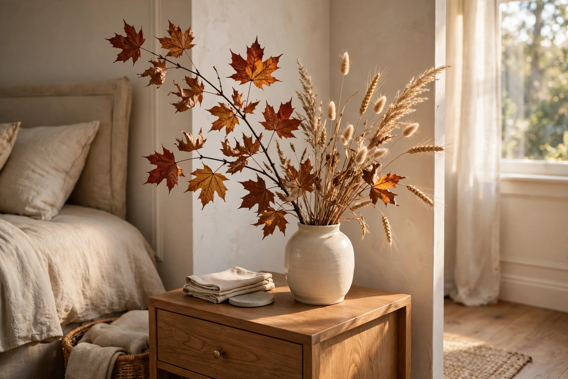Vase of fresh autumn foliage on a guest room dresser