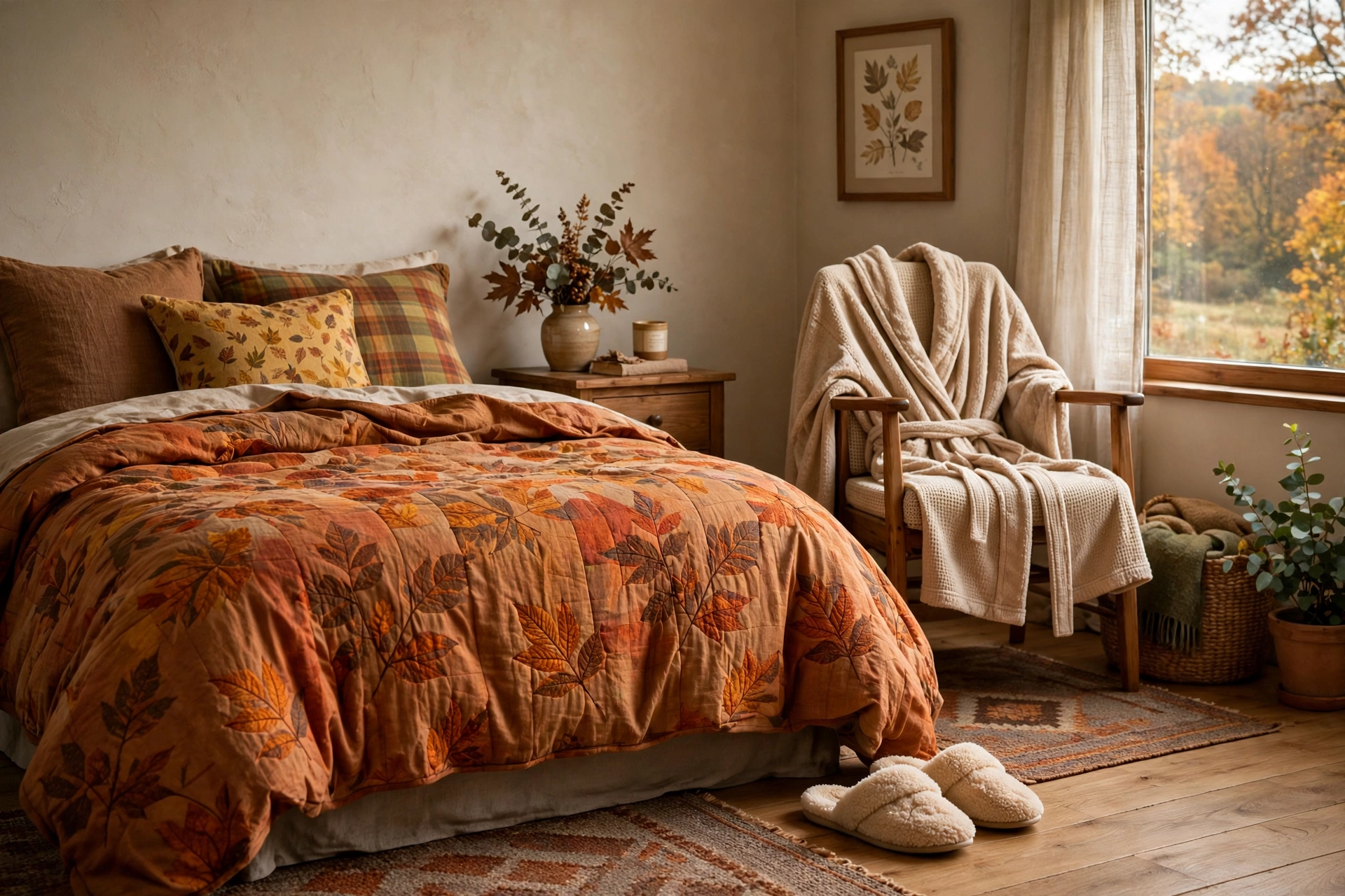 Plush slippers and a soft robe laid out beside a guest bed