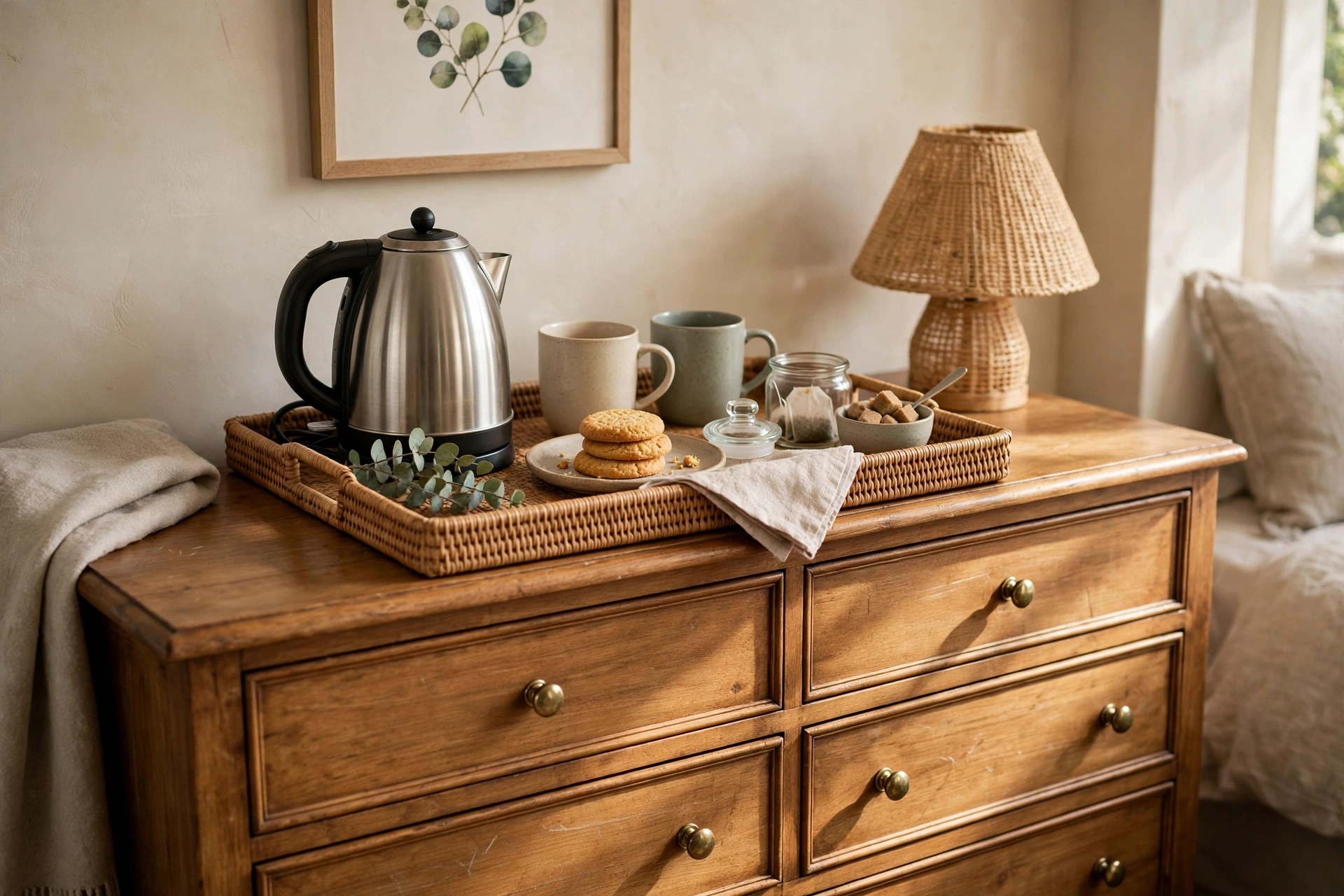 Coffee and tea station with mugs and a kettle on a guest room tray