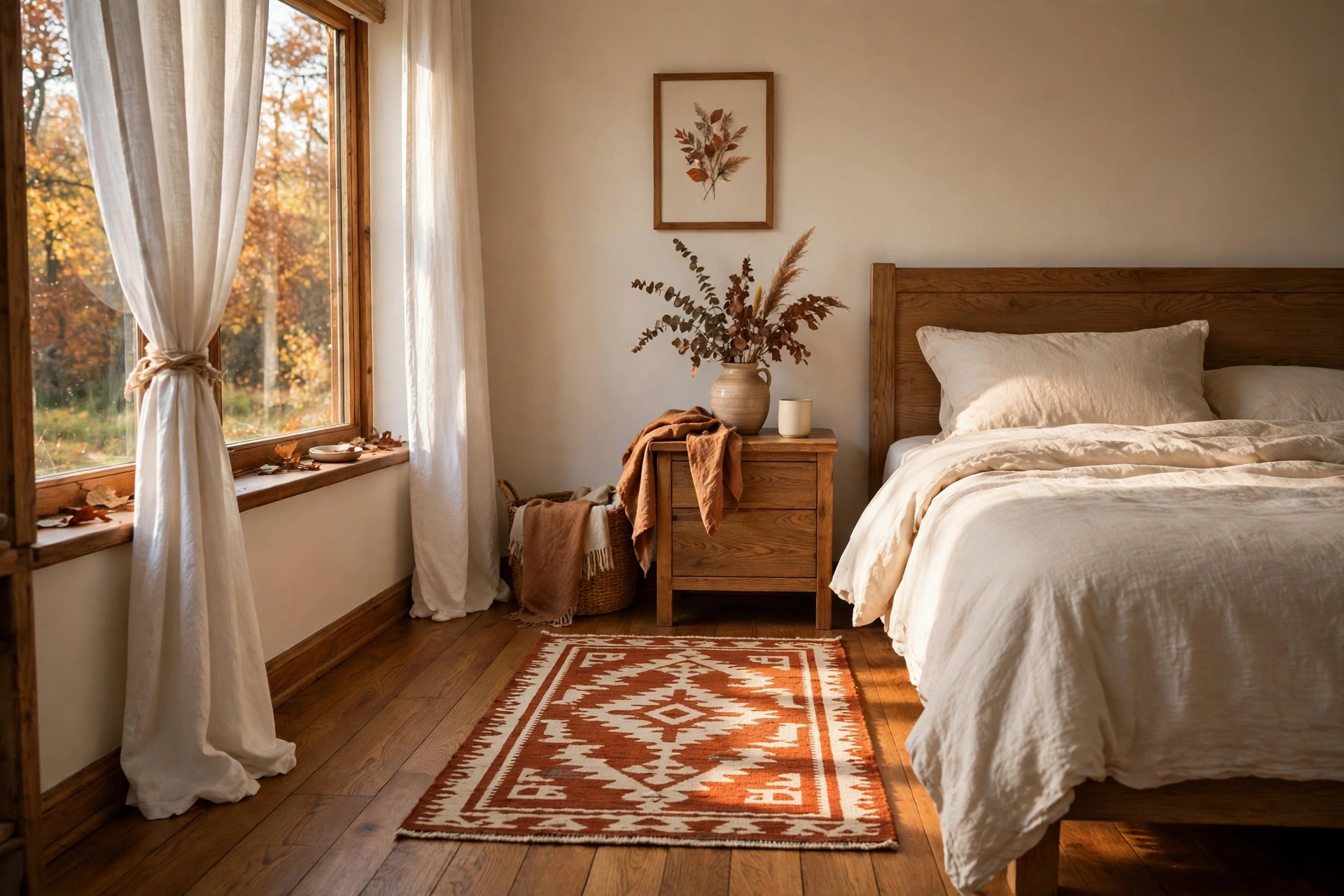 Warm rug layered beside a guest bed