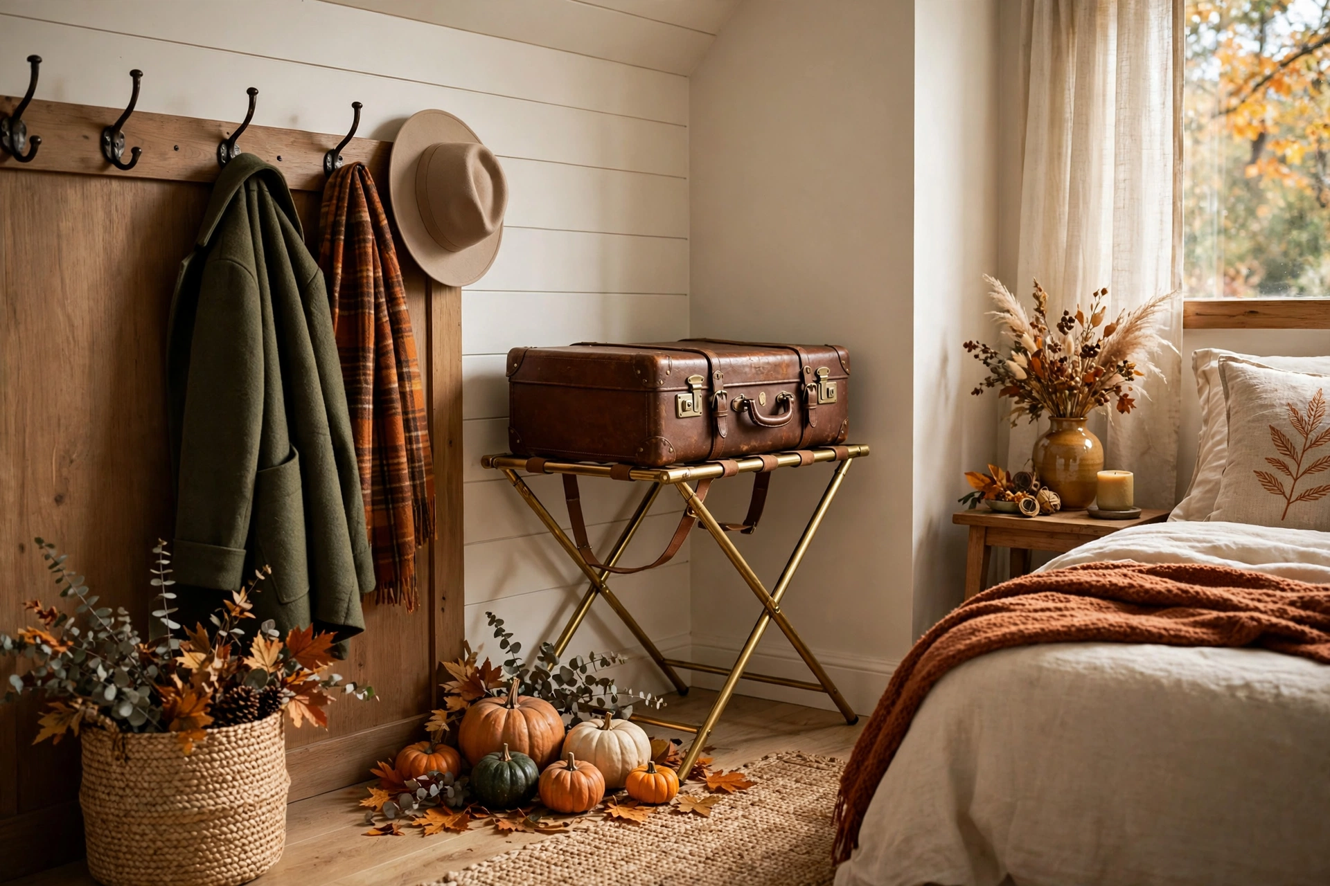 Folding luggage rack and hooks in a guest room