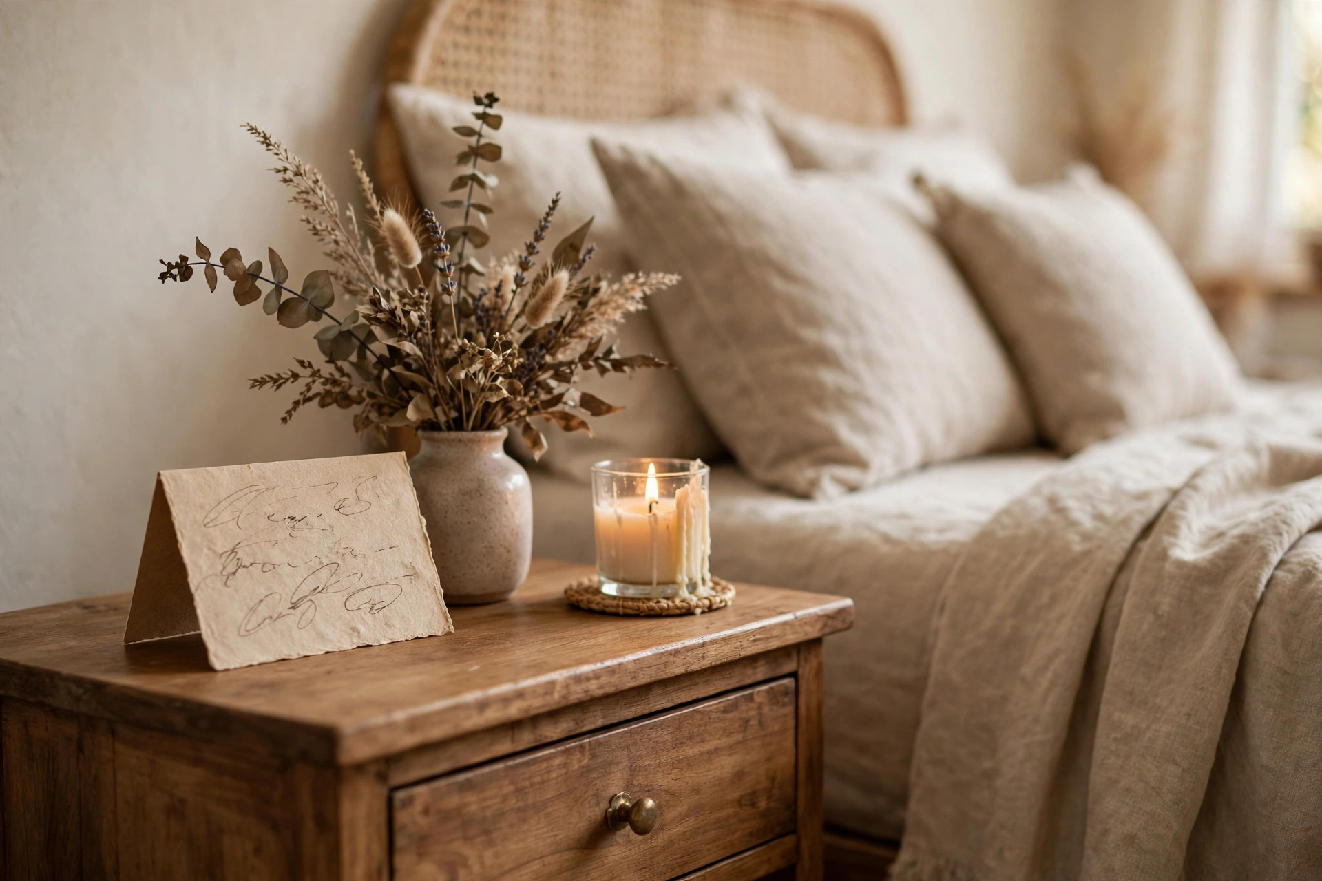 Handwritten welcome note on a guest room nightstand