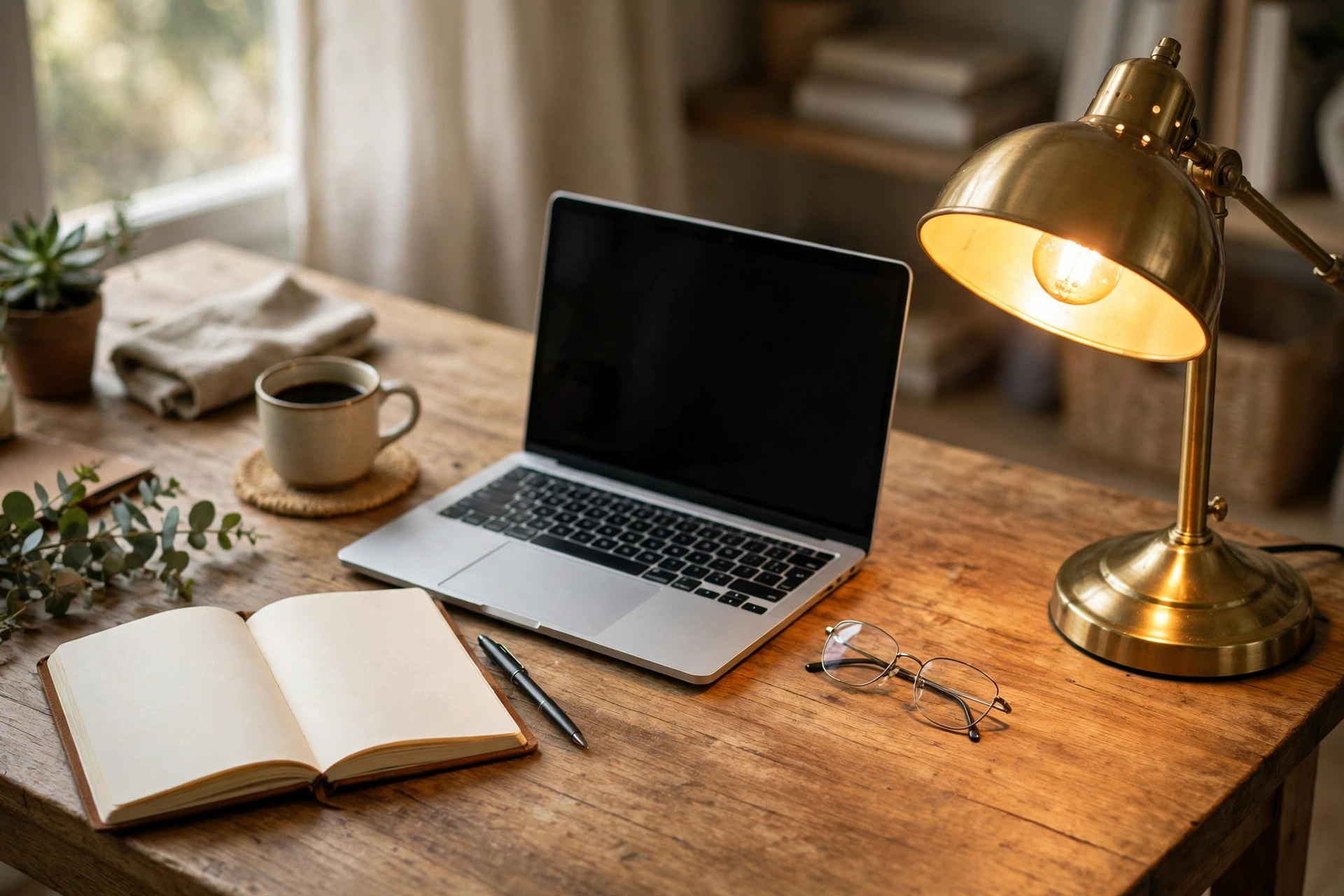 Brass desk lamp glowing over a laptop on a wooden home office desk with a coffee cup