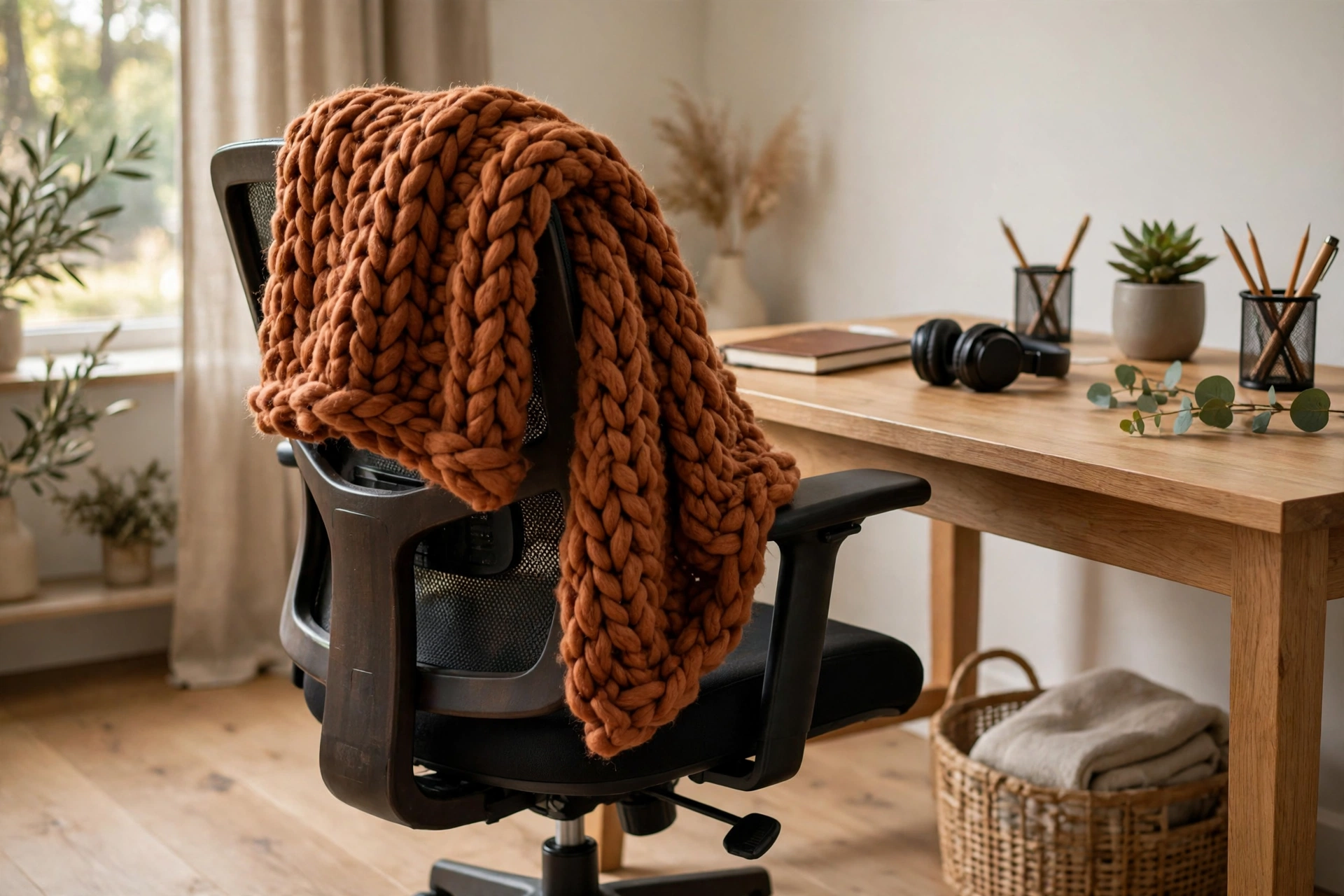Chunky knit throw draped over an office chair in a cozy home office