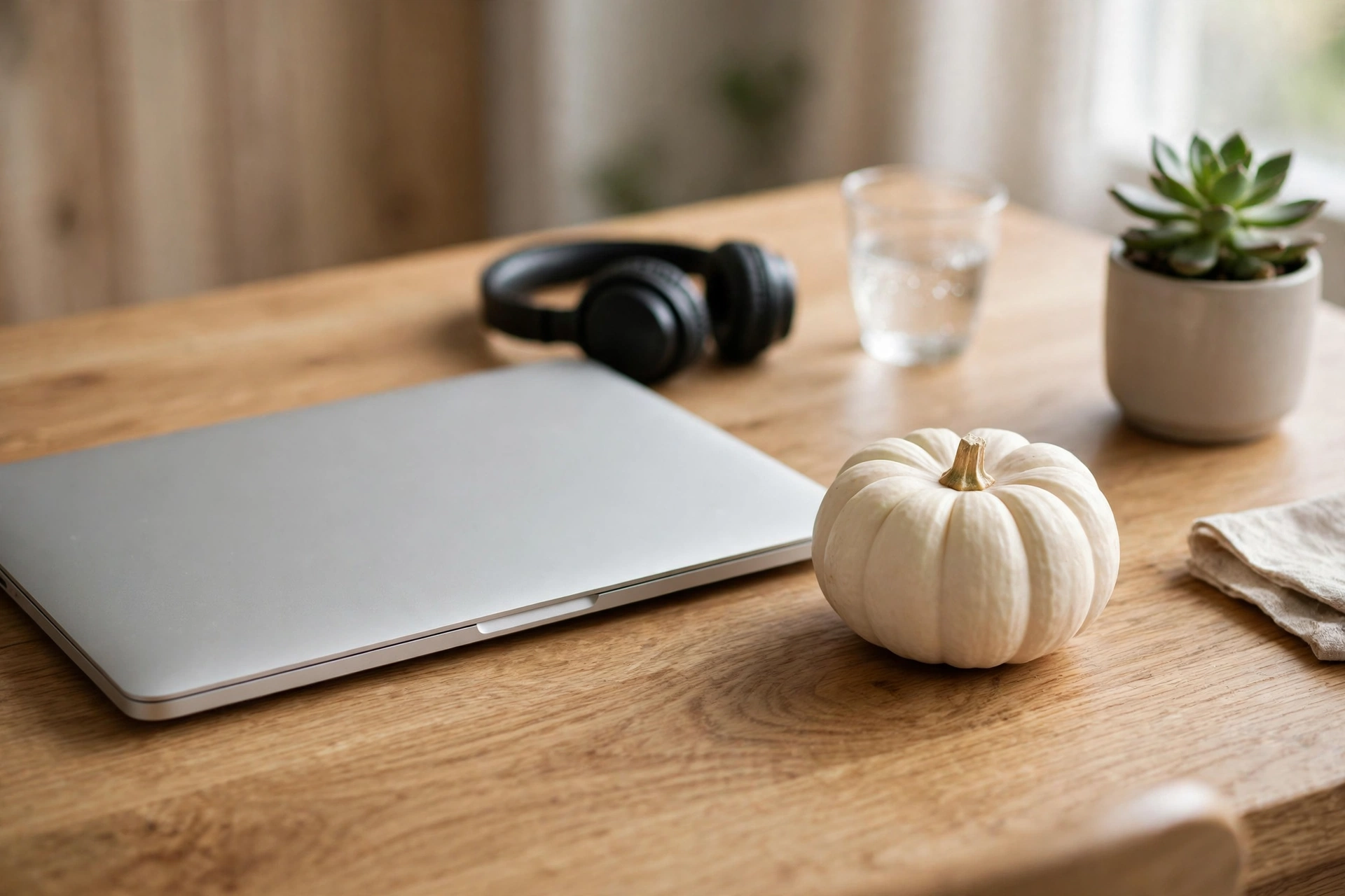 Mini pumpkin on a home office desk beside a monitor