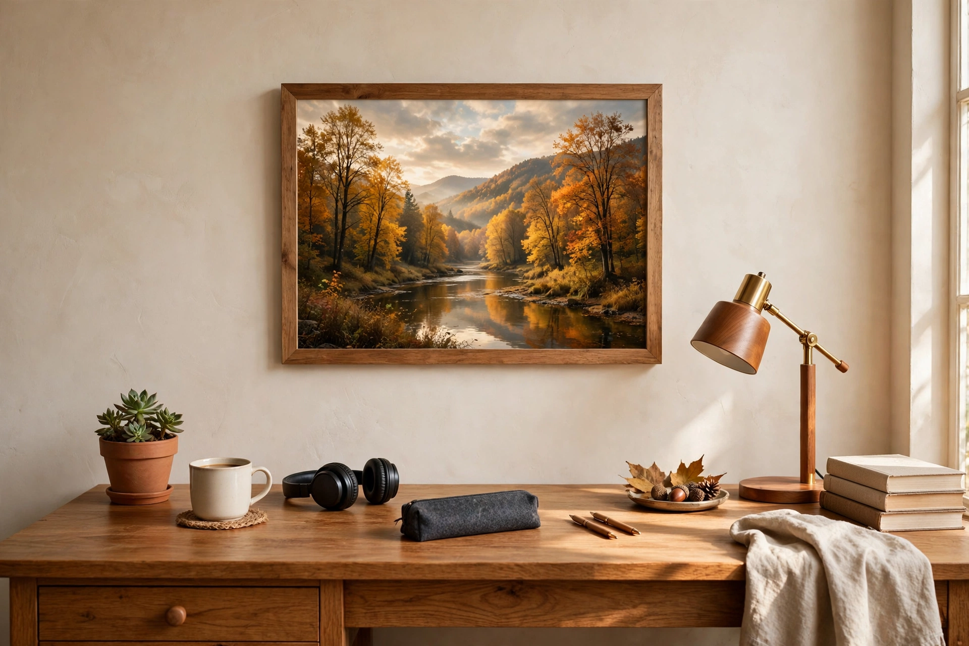 Autumn art print in a wooden frame hanging above a home office desk