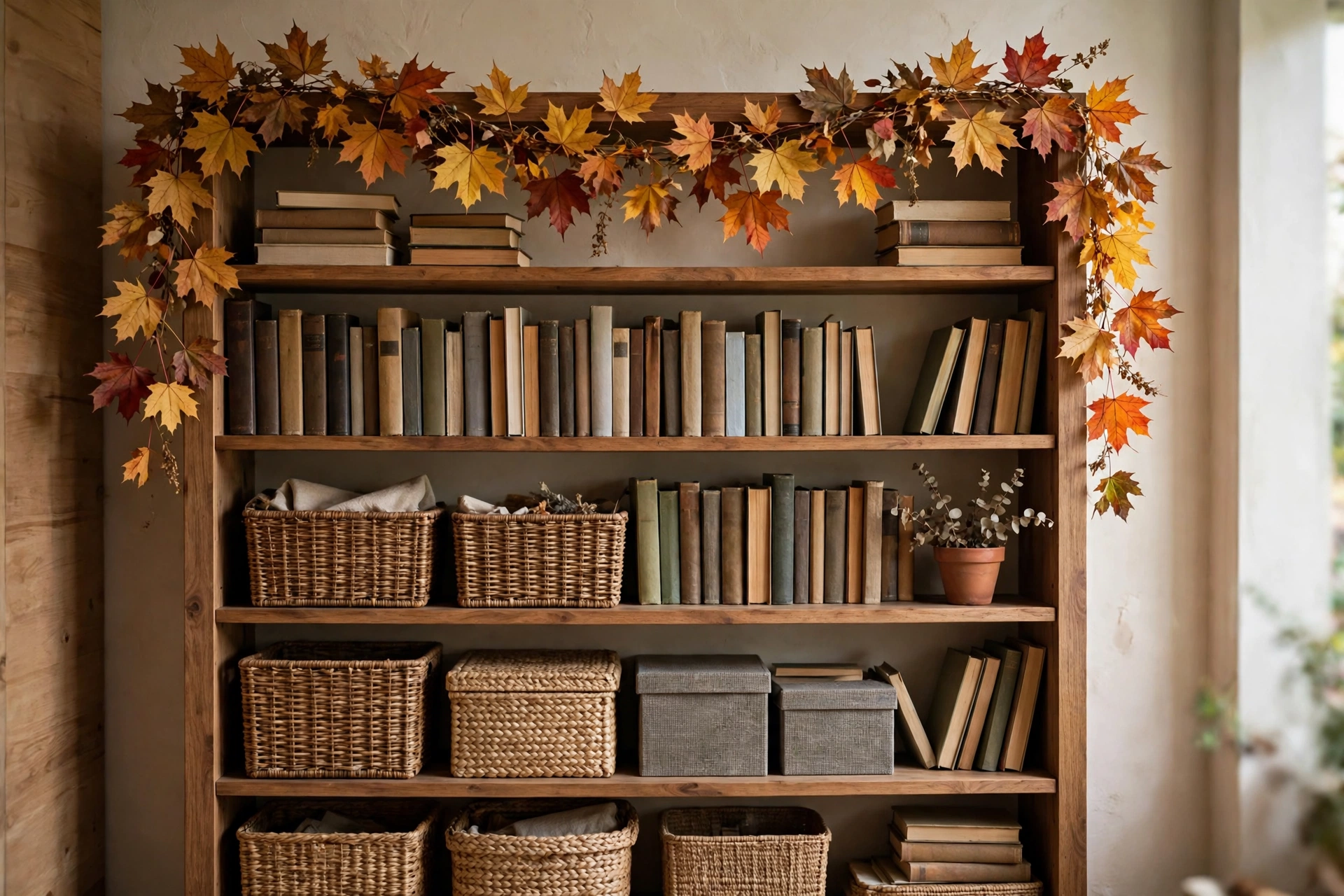 Fall garland with maple leaves draped along a home office shelf