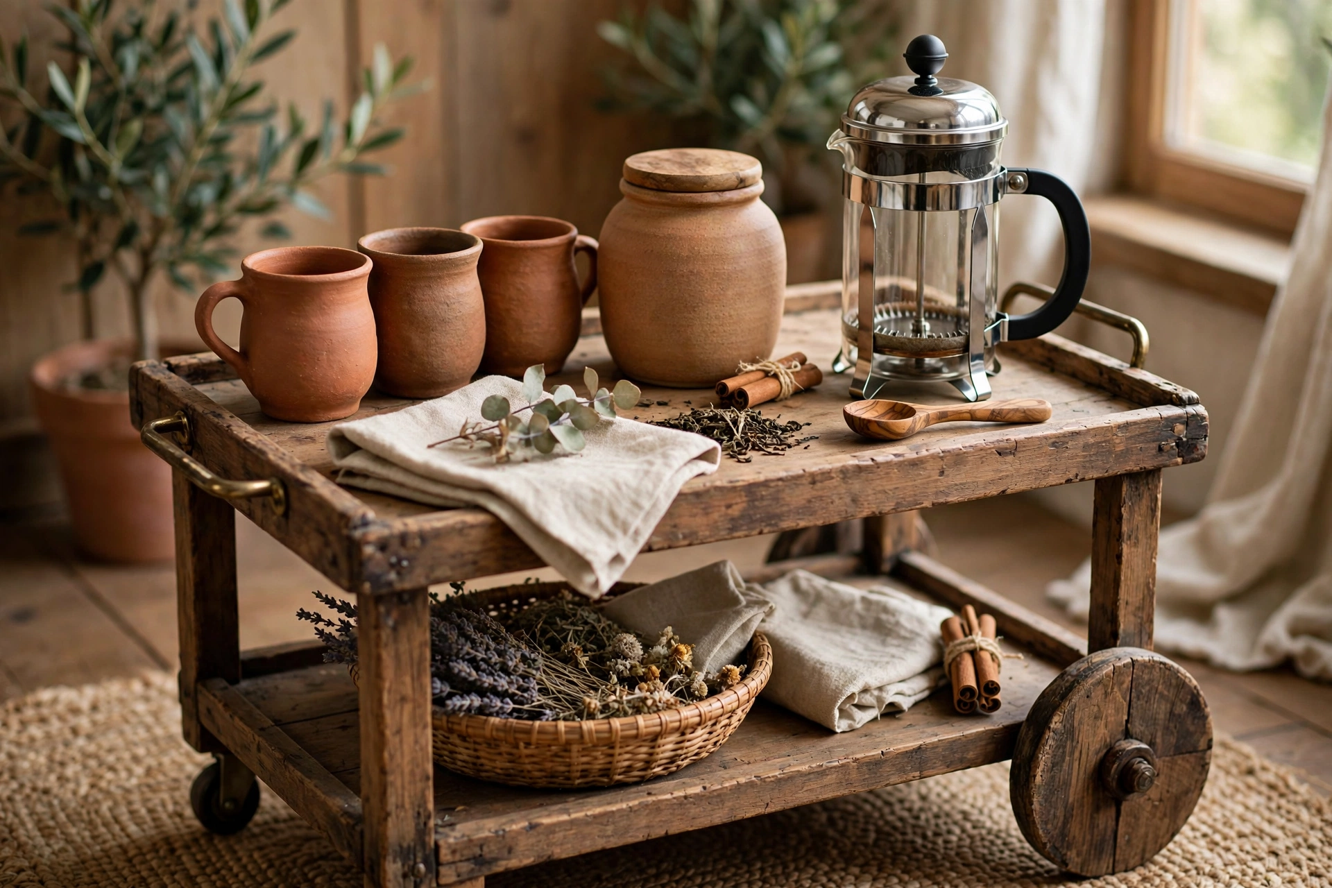 Cozy mug station with autumn mugs, tea and a French press in a home office
