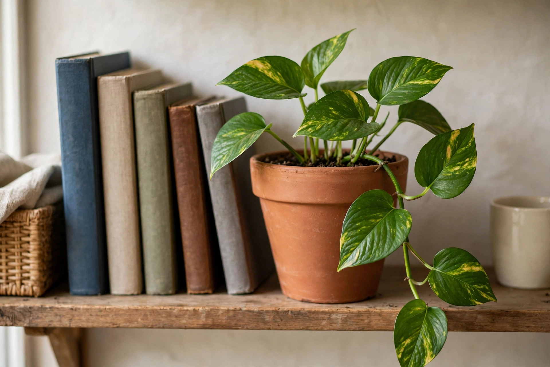 Potted plant in a terracotta pot beside a home office desk