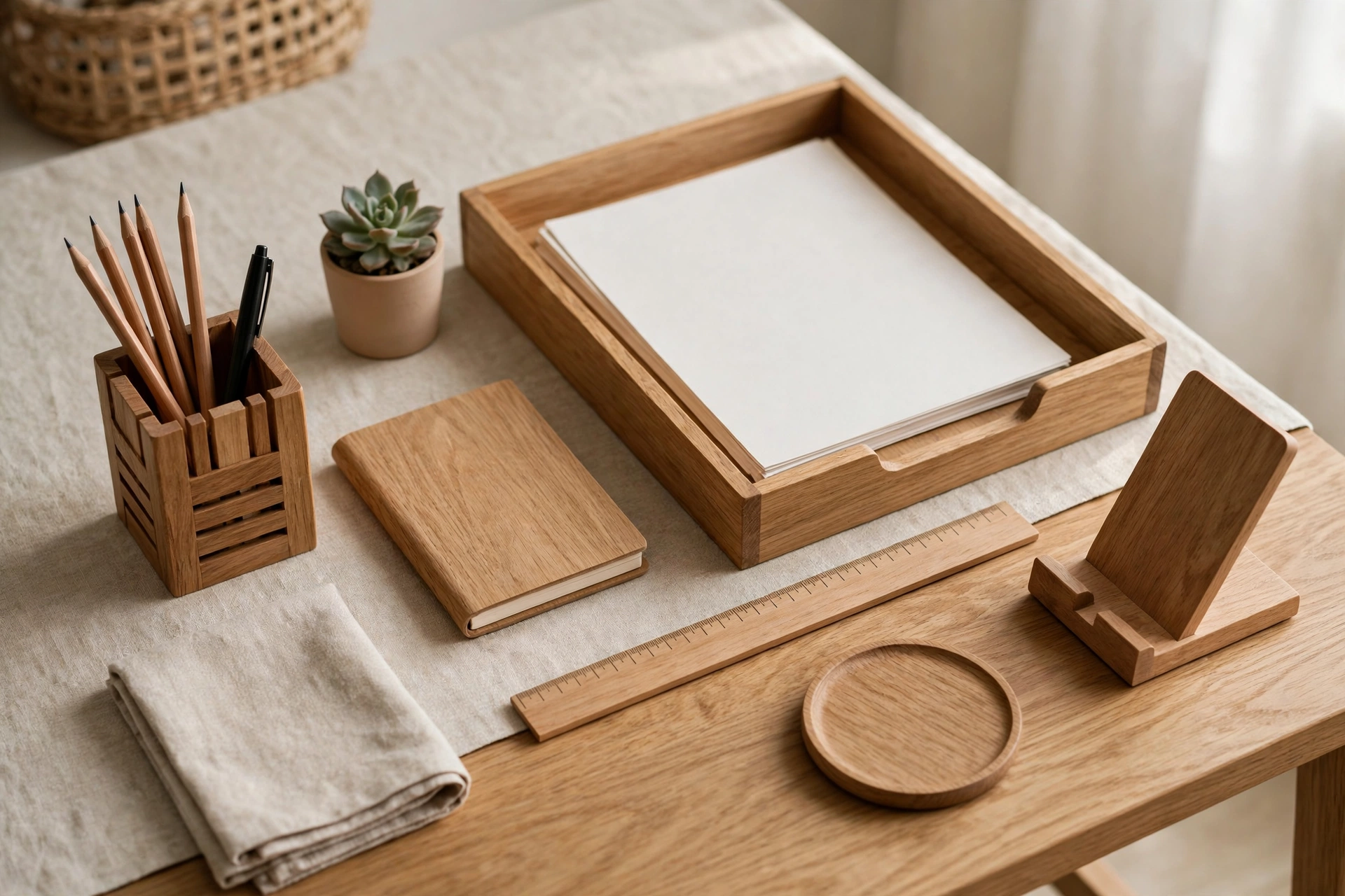 Wooden desk accessories, pen cup and document tray on a home office desk