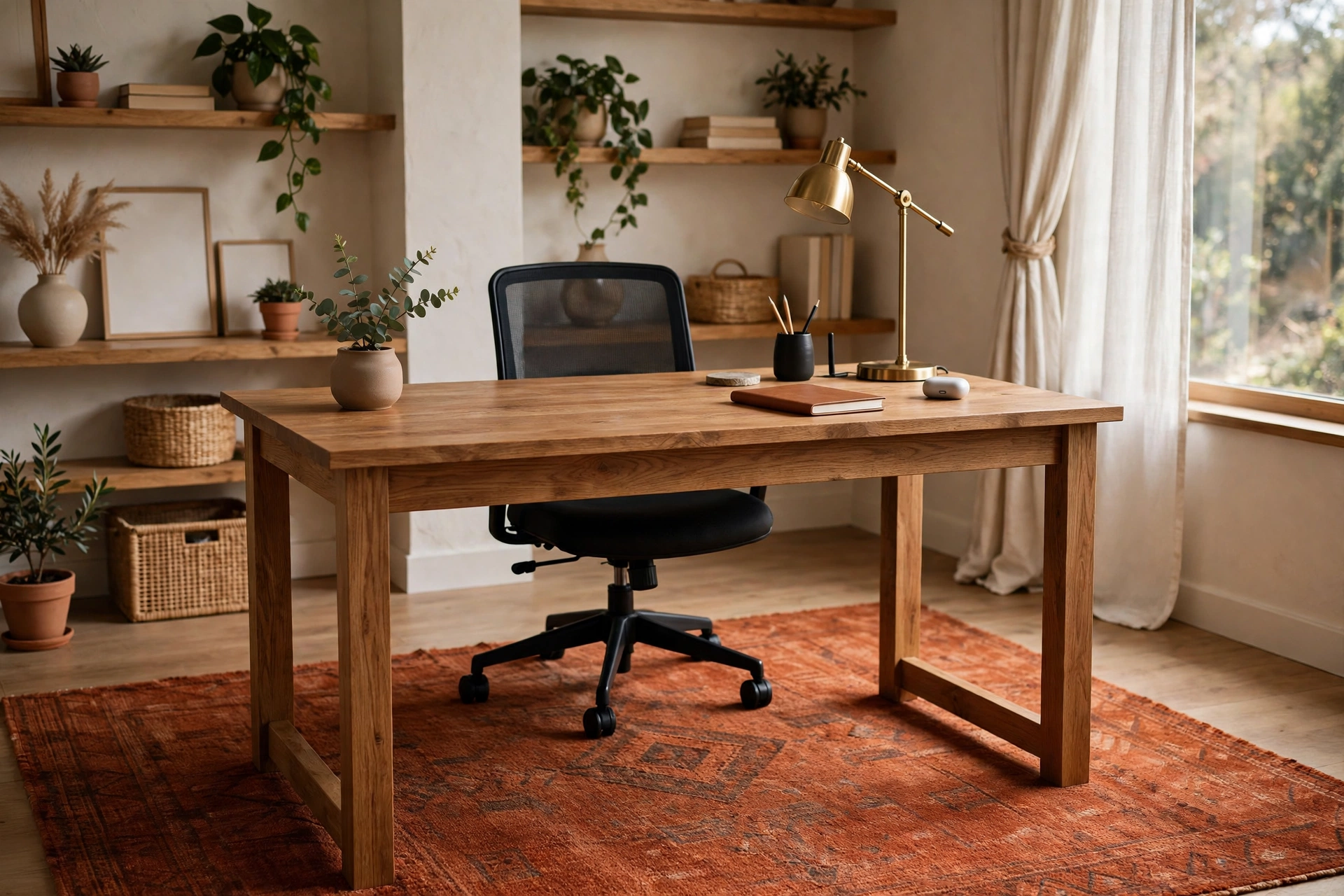 Warm rug under a home office desk and chair on a hard floor