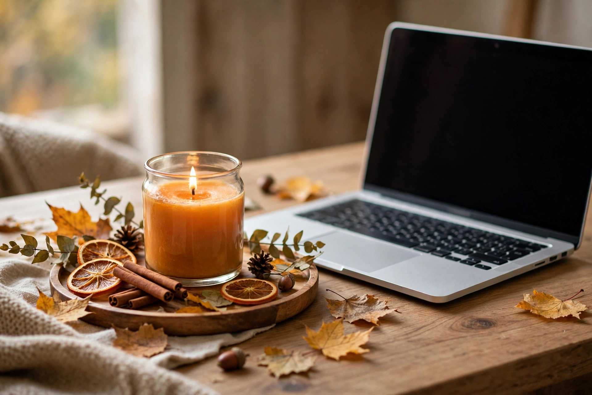Fall-scented candle lit on a tray beside a home office desk