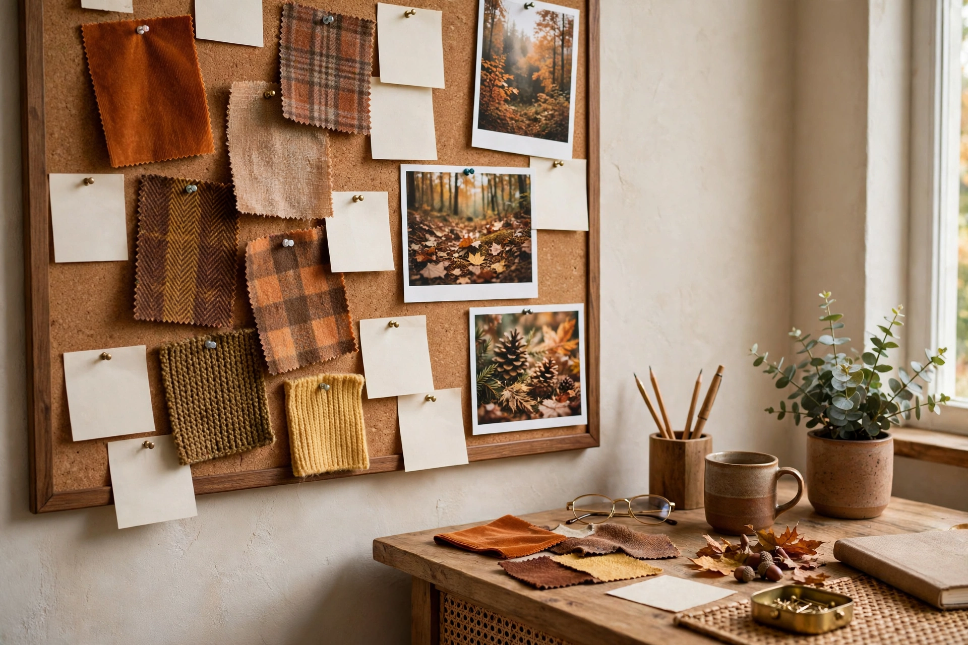 Autumn mood board with fabric swatches and photos pinned beside a desk