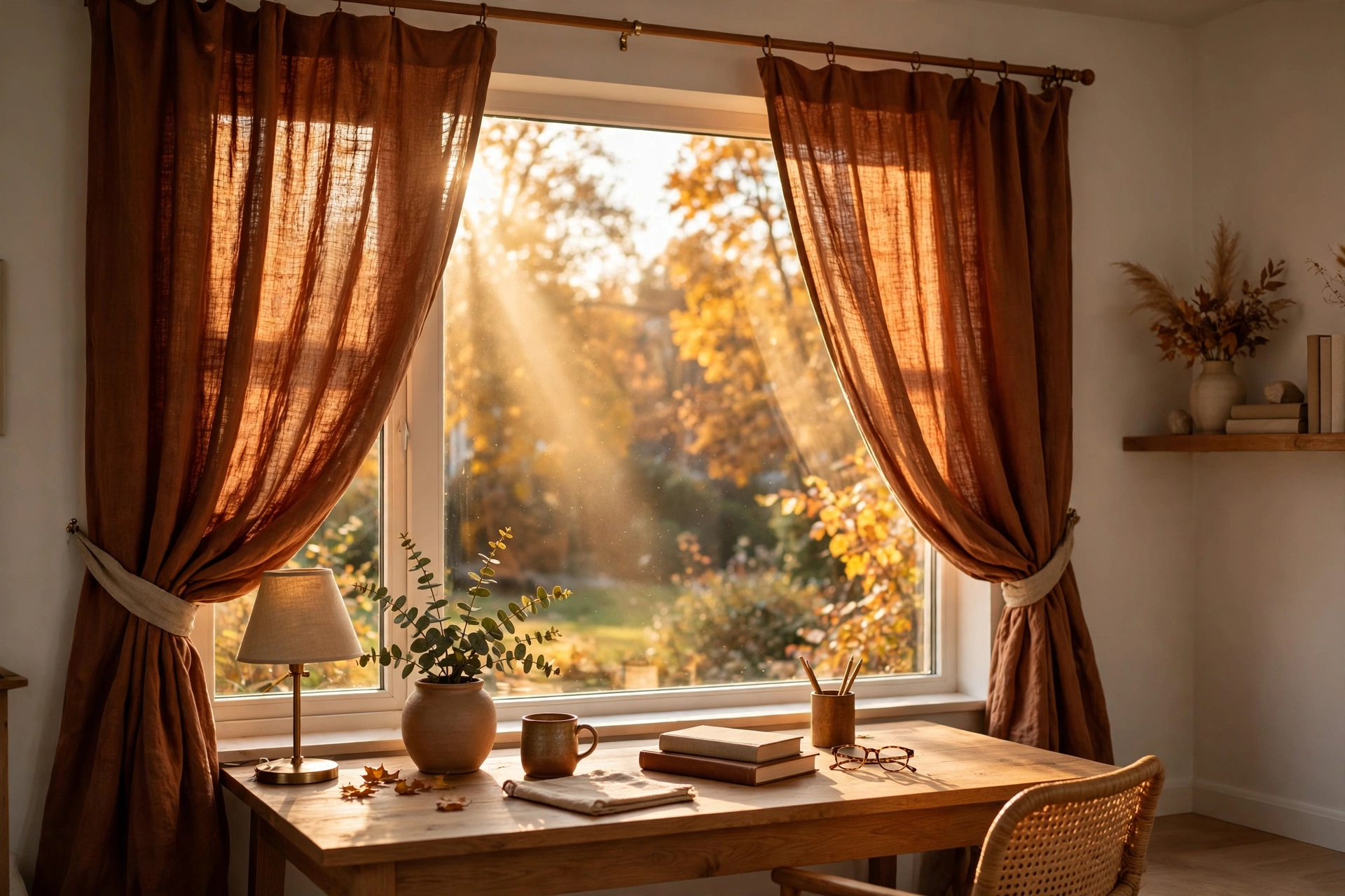 Rust linen curtains dressing a home office window