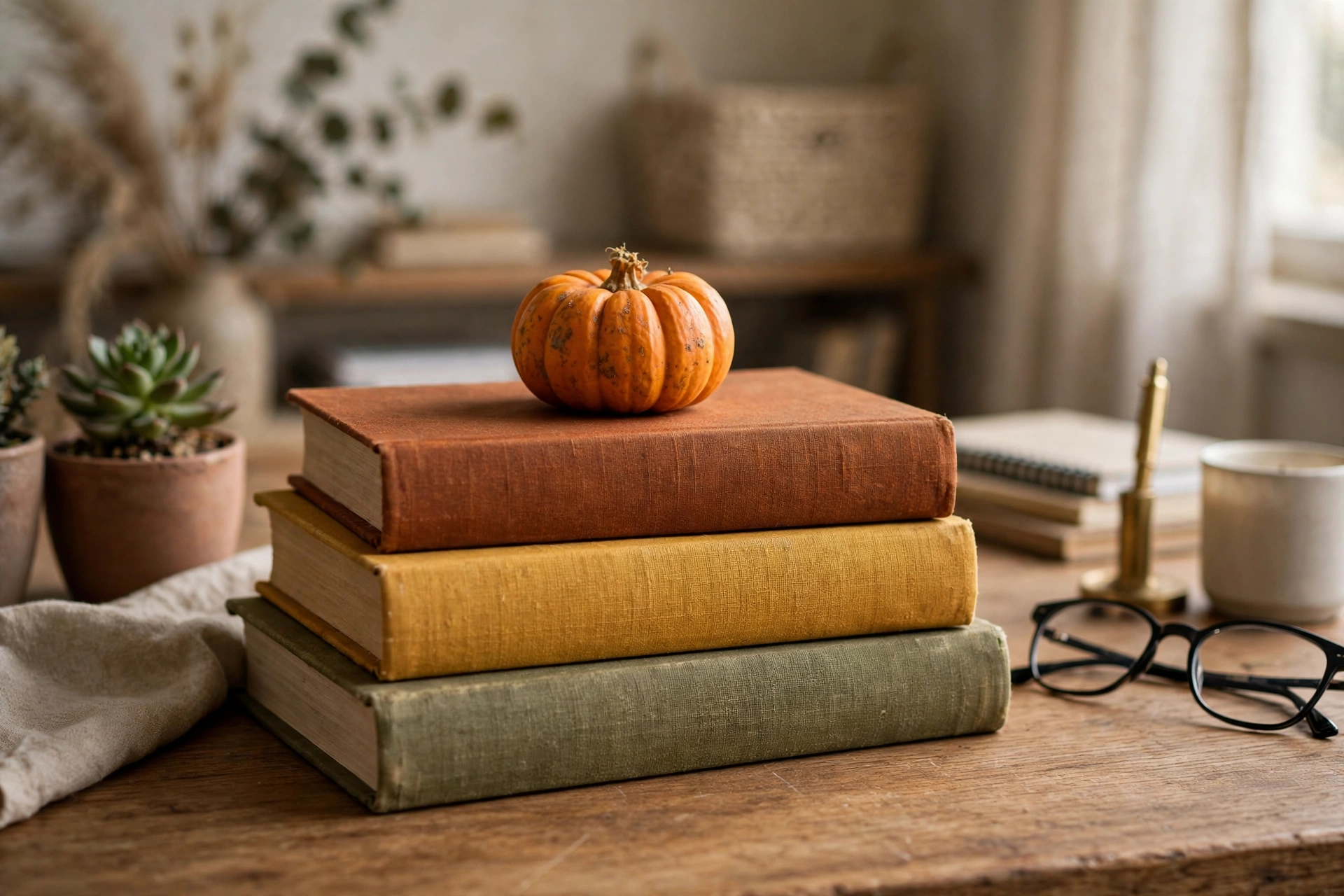 Stack of books in fall colors on a home office desk topped with a small candle