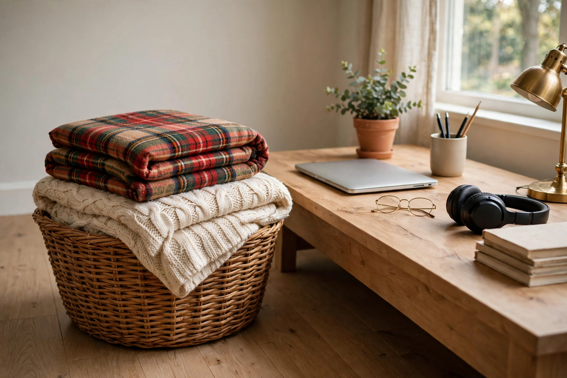 Woven basket of folded fall blankets beside a home office desk