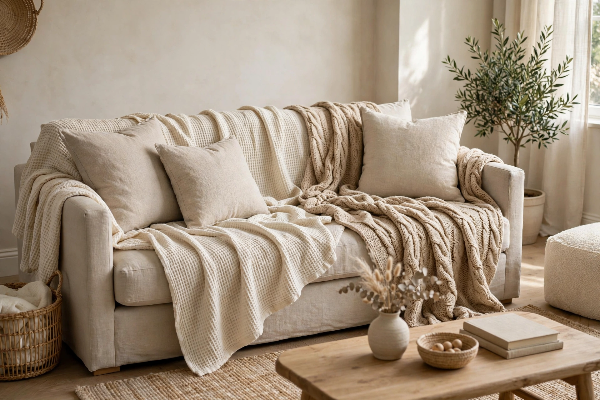 Layered cream and beige throws in a neutral fall living room