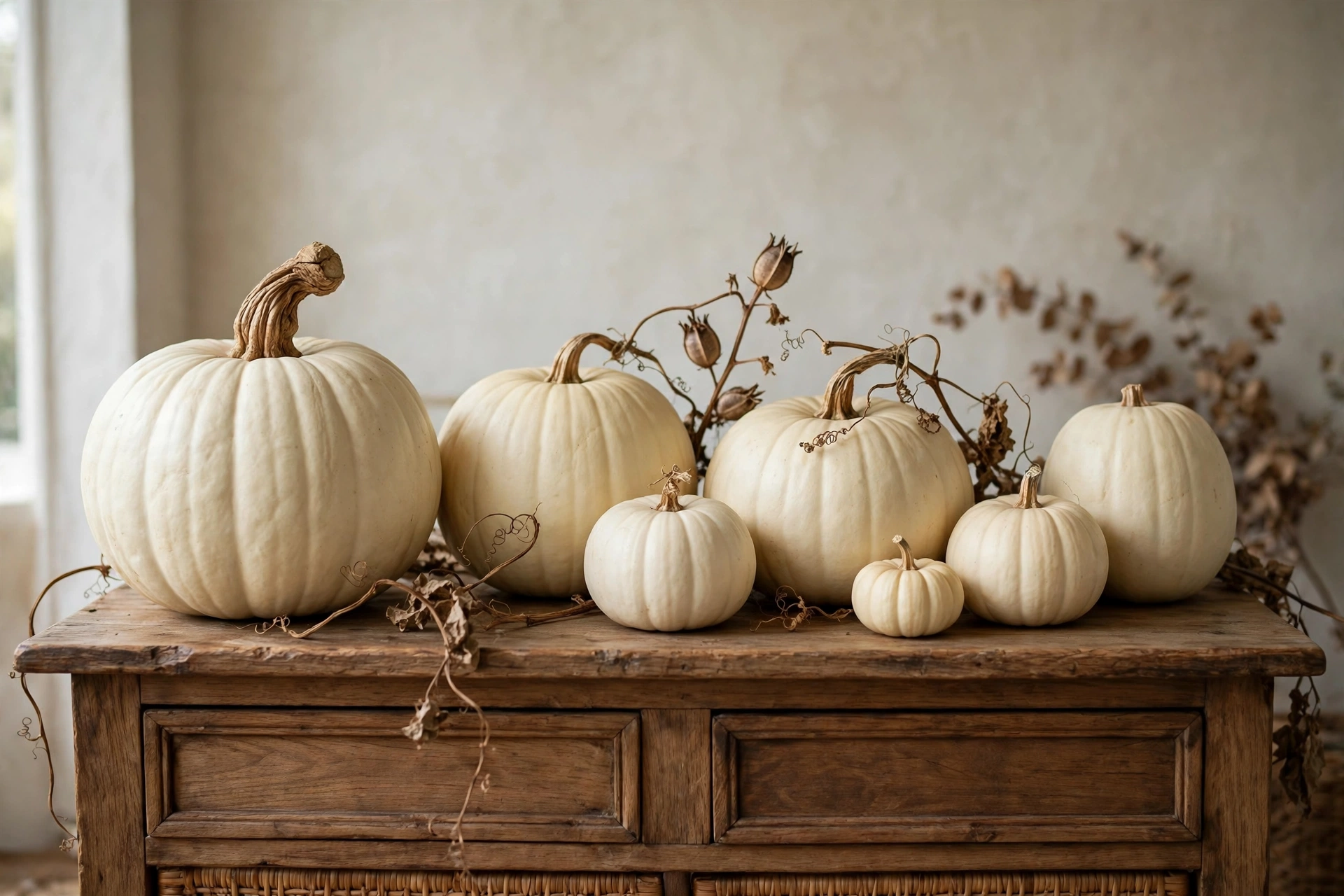 Ivory and cream pumpkins styled in a neutral fall display