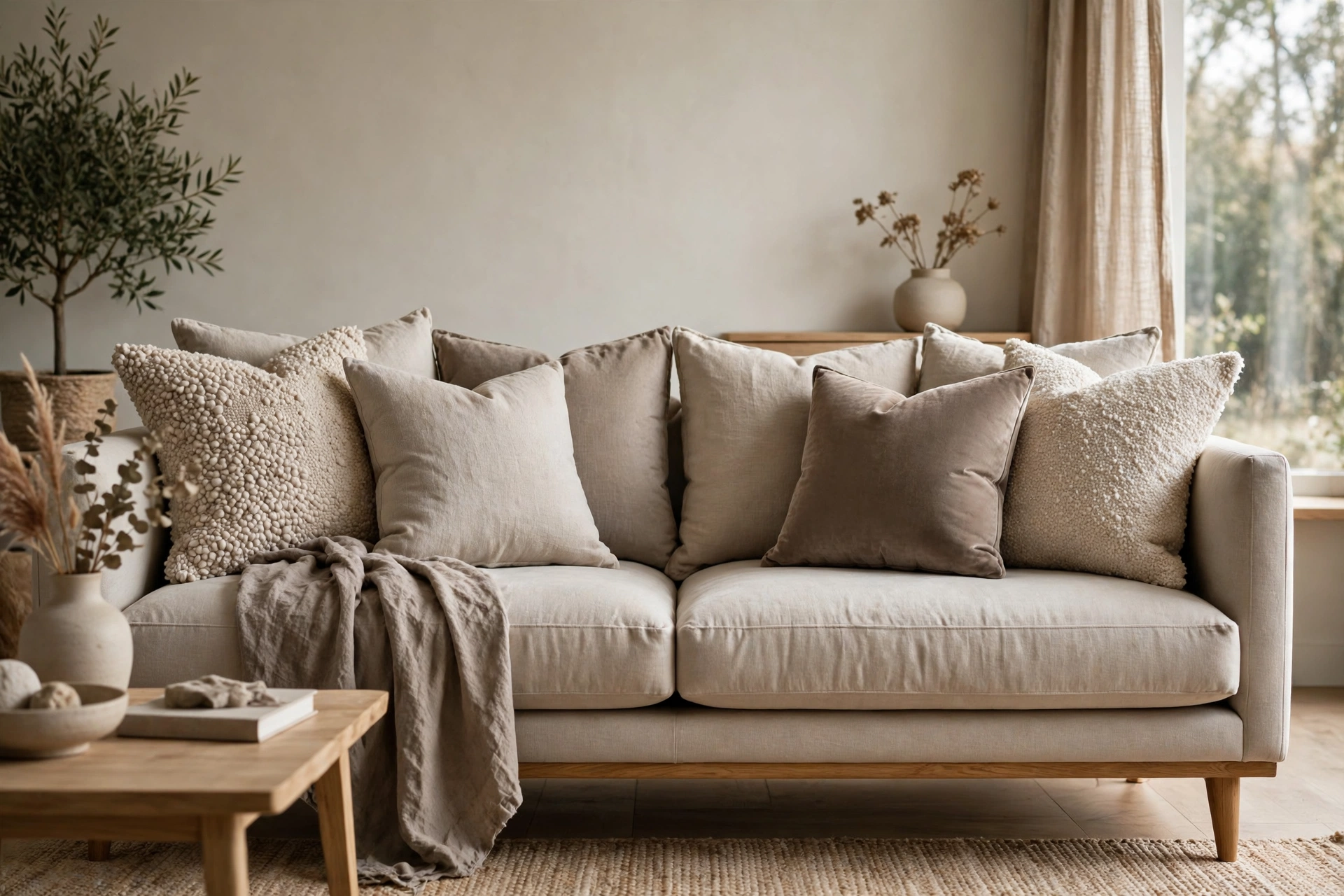 Taupe and greige cushions on a neutral sofa
