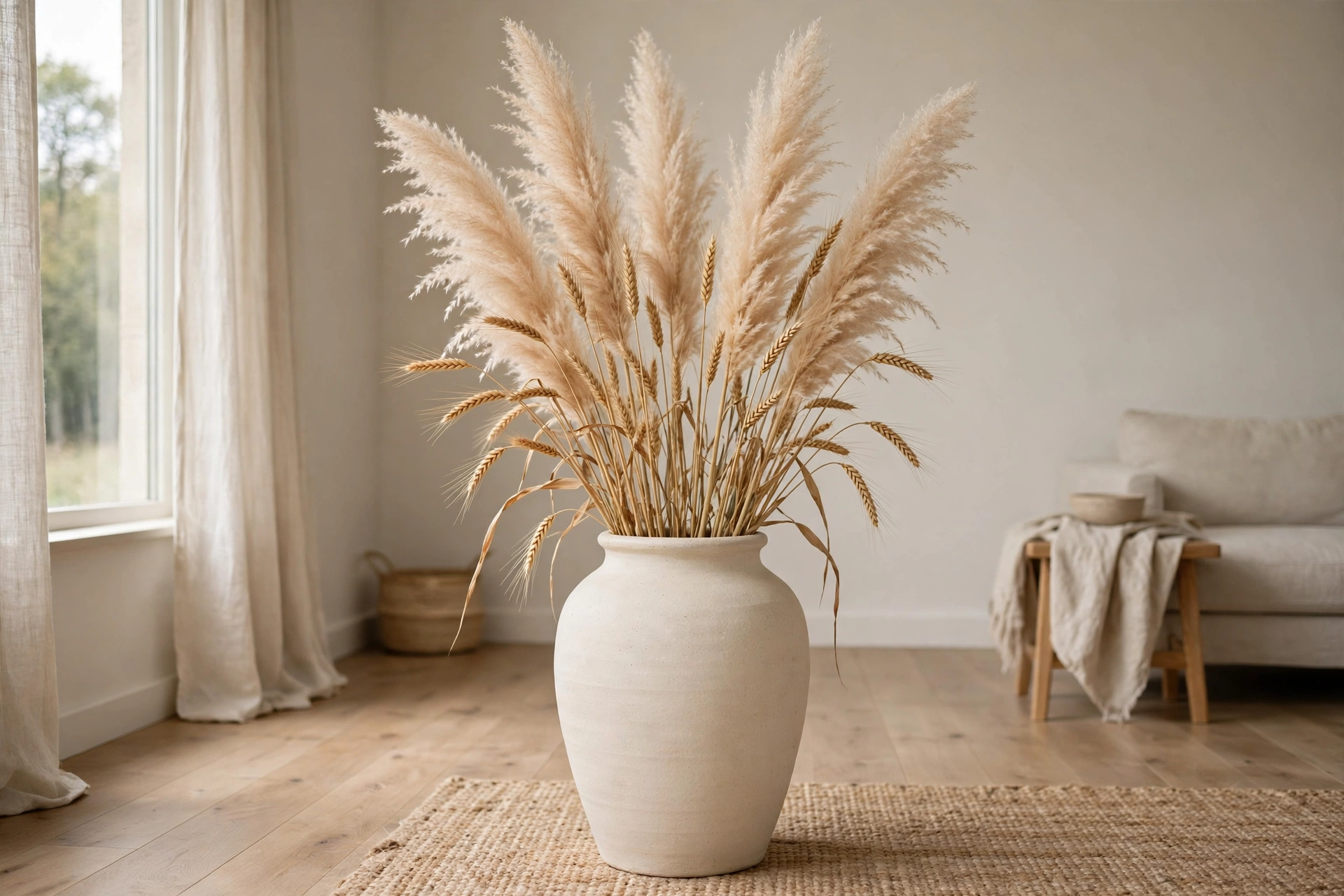 Dried pampas and grasses in a neutral fall vase