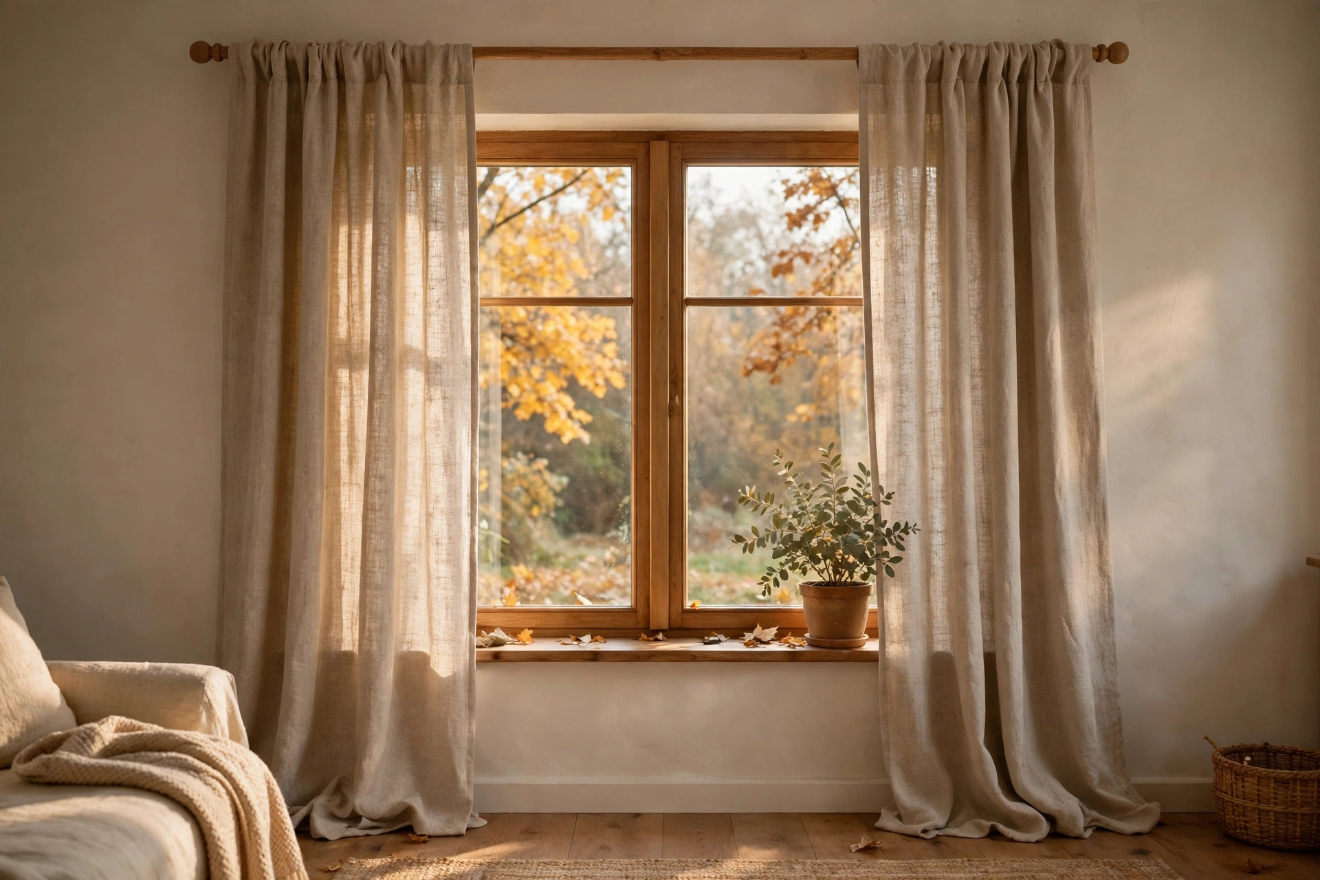 Oatmeal linen curtains in a neutral fall room