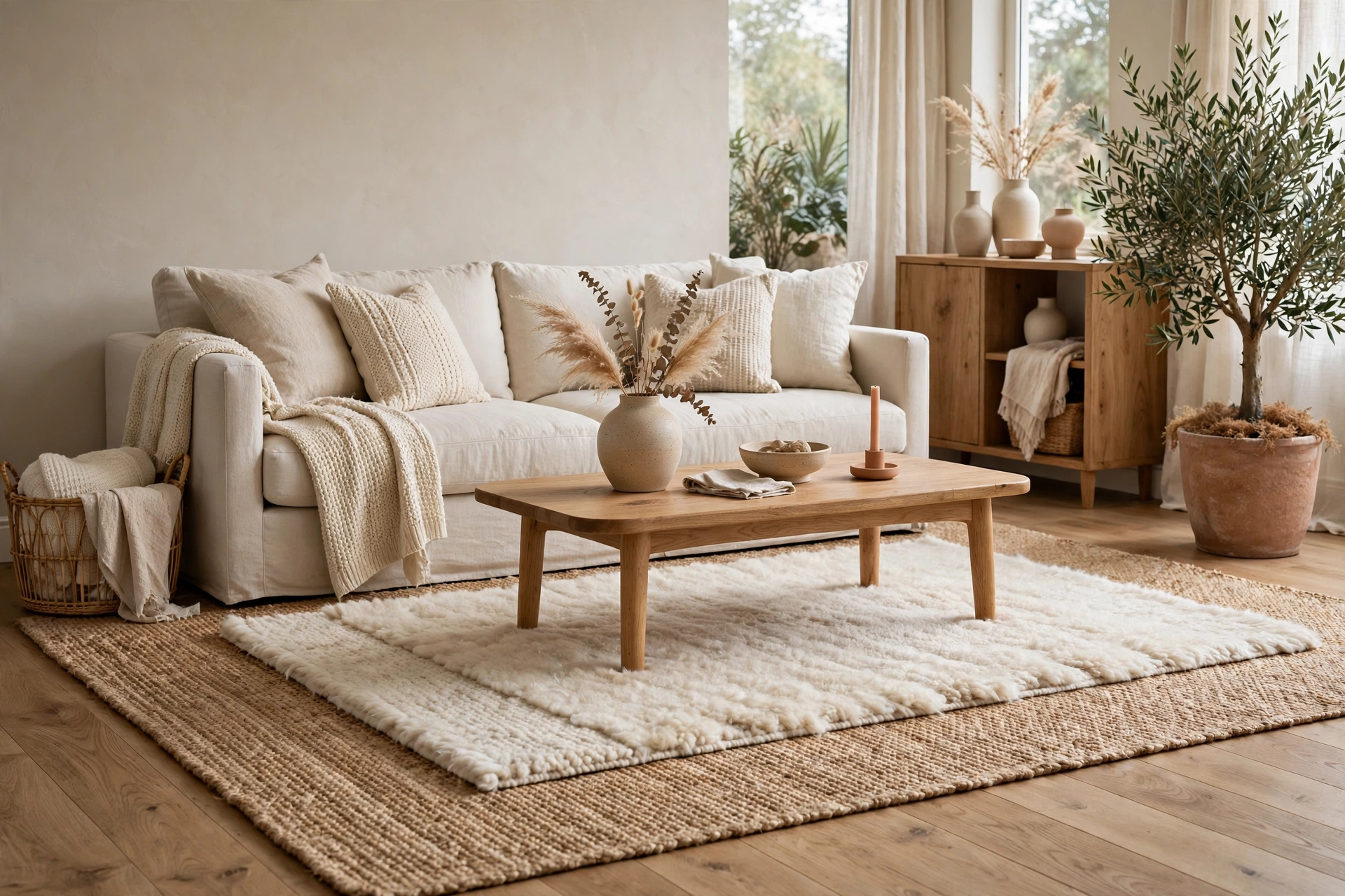 Layered neutral rugs warming a fall living room
