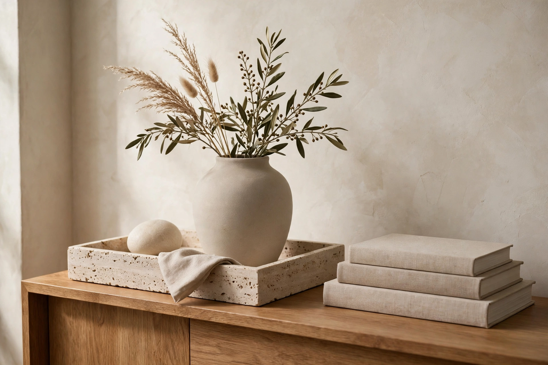 Stone and ceramic vignette in neutral fall decor