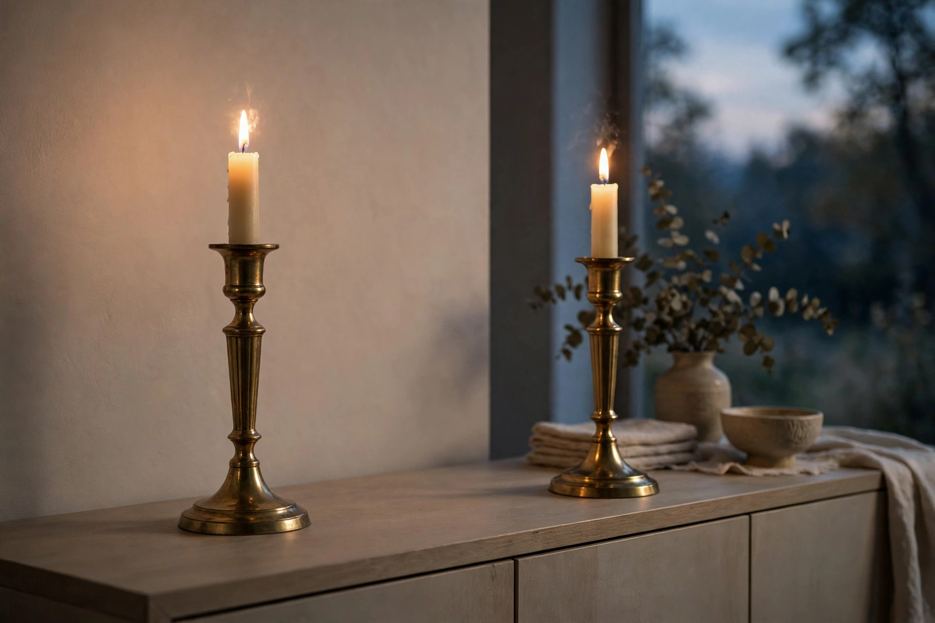 Brass candle holders with candlelight in a neutral room
