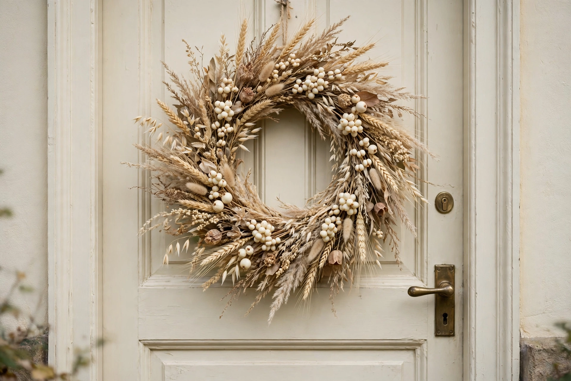Neutral autumn wreath with dried grasses and cream berries