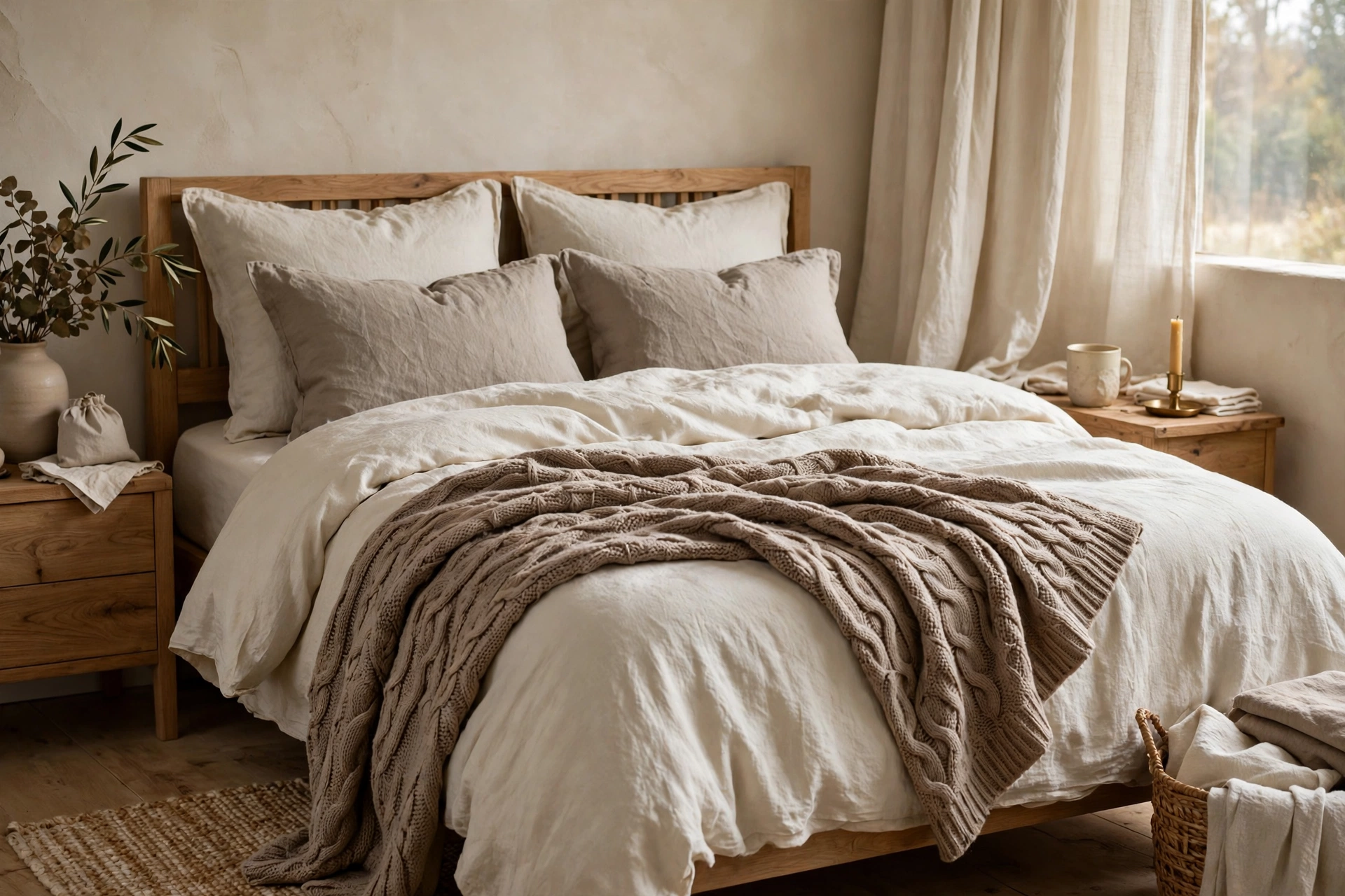 Bed dressed in warm neutral fall bedding