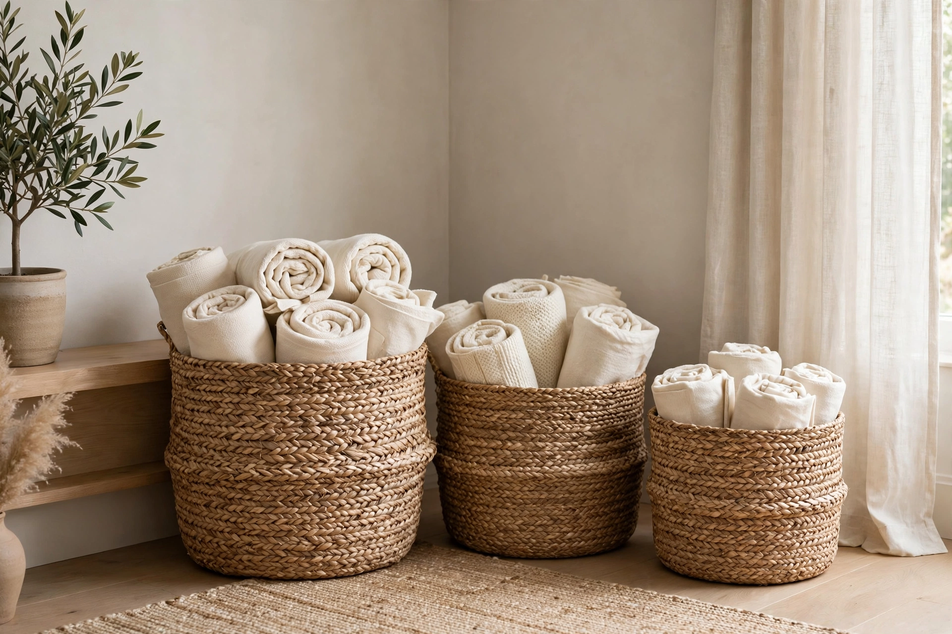 Woven baskets used in neutral fall decor