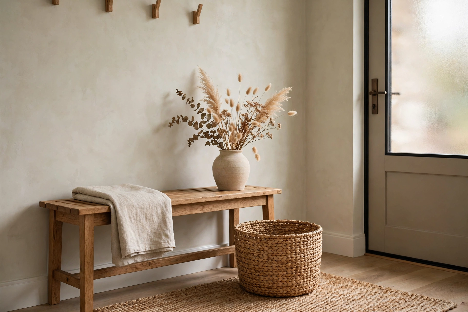 Calm neutral fall entryway with wooden bench and dried stems