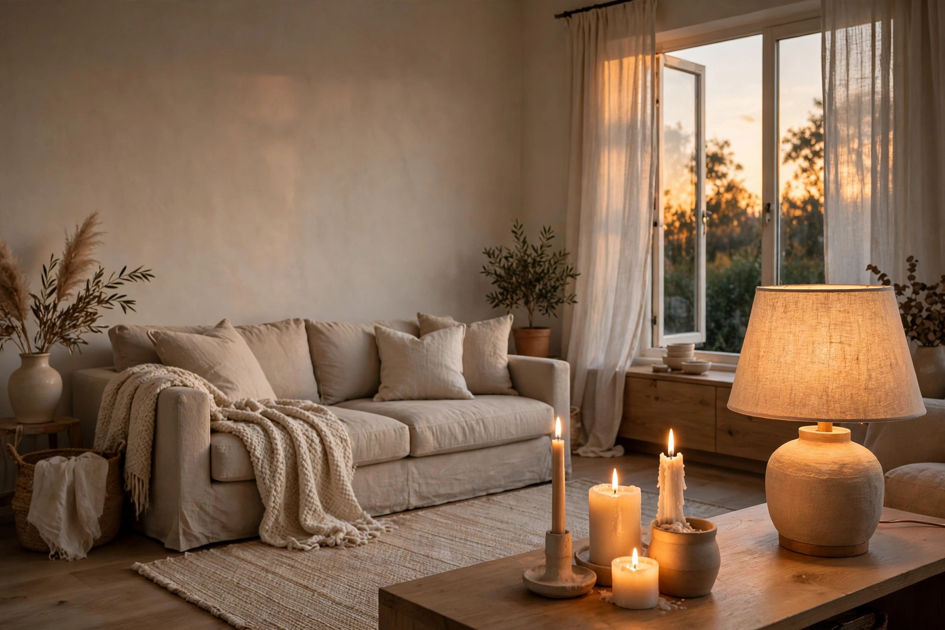 Soft warm lighting in a neutral fall room