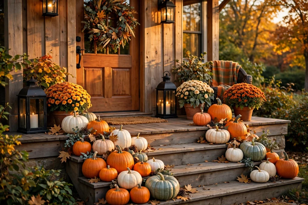 Fall front porch filled with pumpkins, mums and lanterns