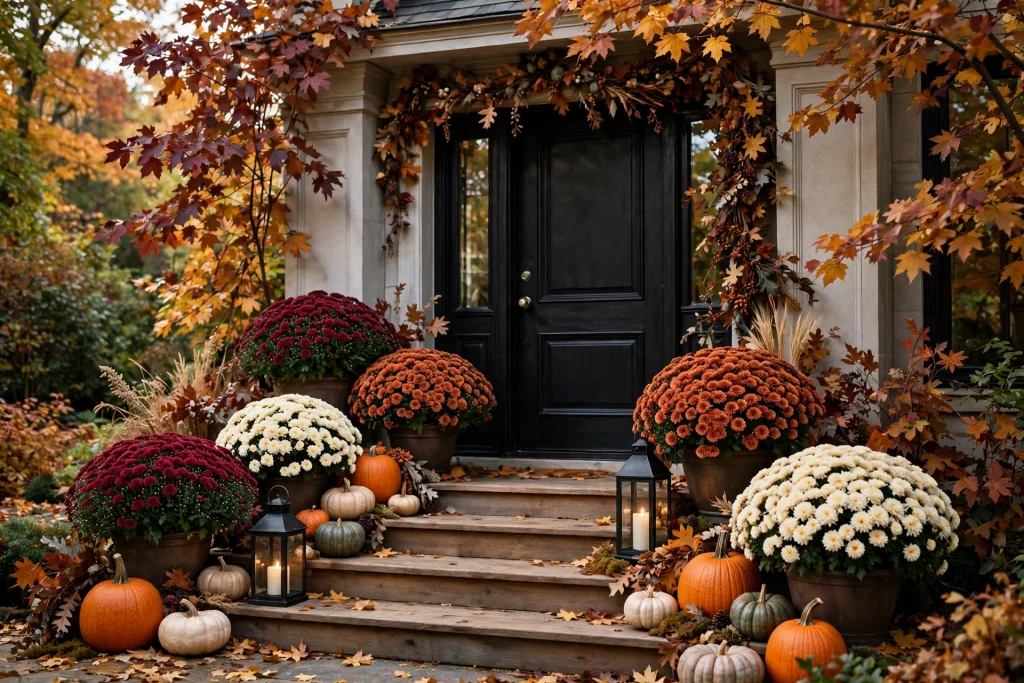Outdoor fall entrance with pots of burgundy and cream mums