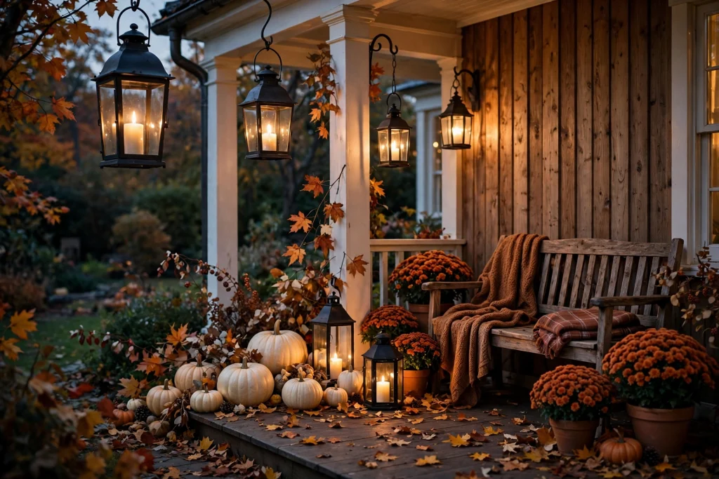 Fall porch at dusk with glowing black lanterns