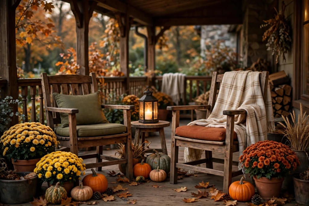 Cozy fall porch seating area with rust cushions