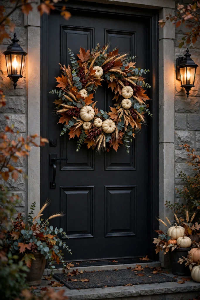 Autumn wreath on a dark front door