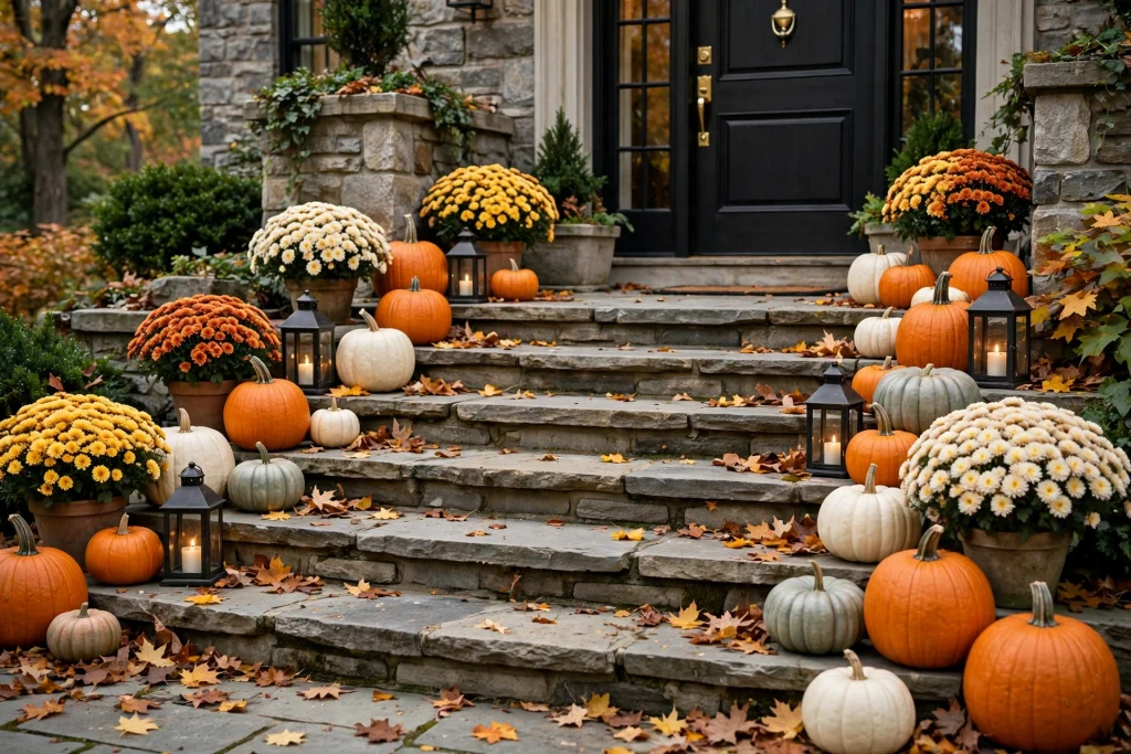 Stone steps decorated with pumpkins and fall mums