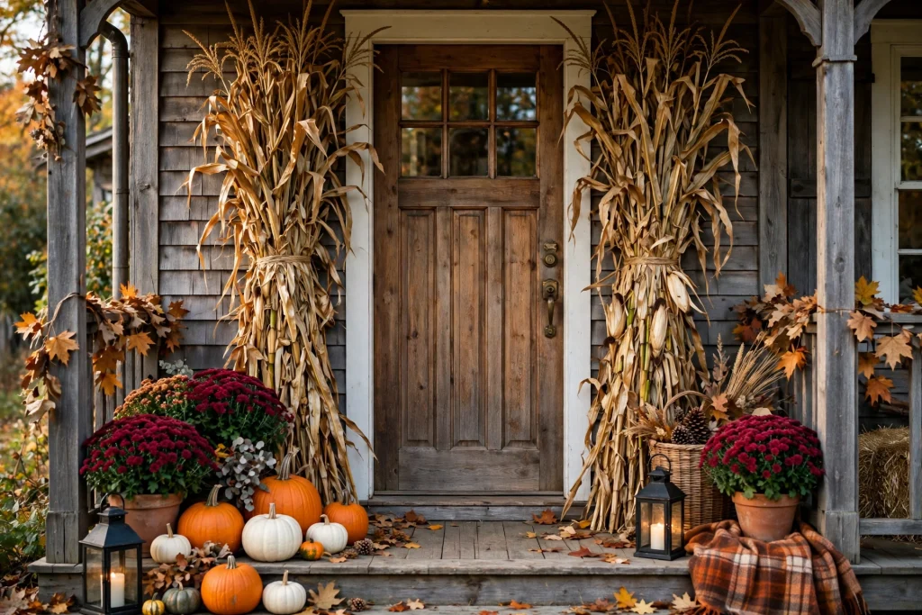 Farmhouse porch with corn stalks and pumpkins