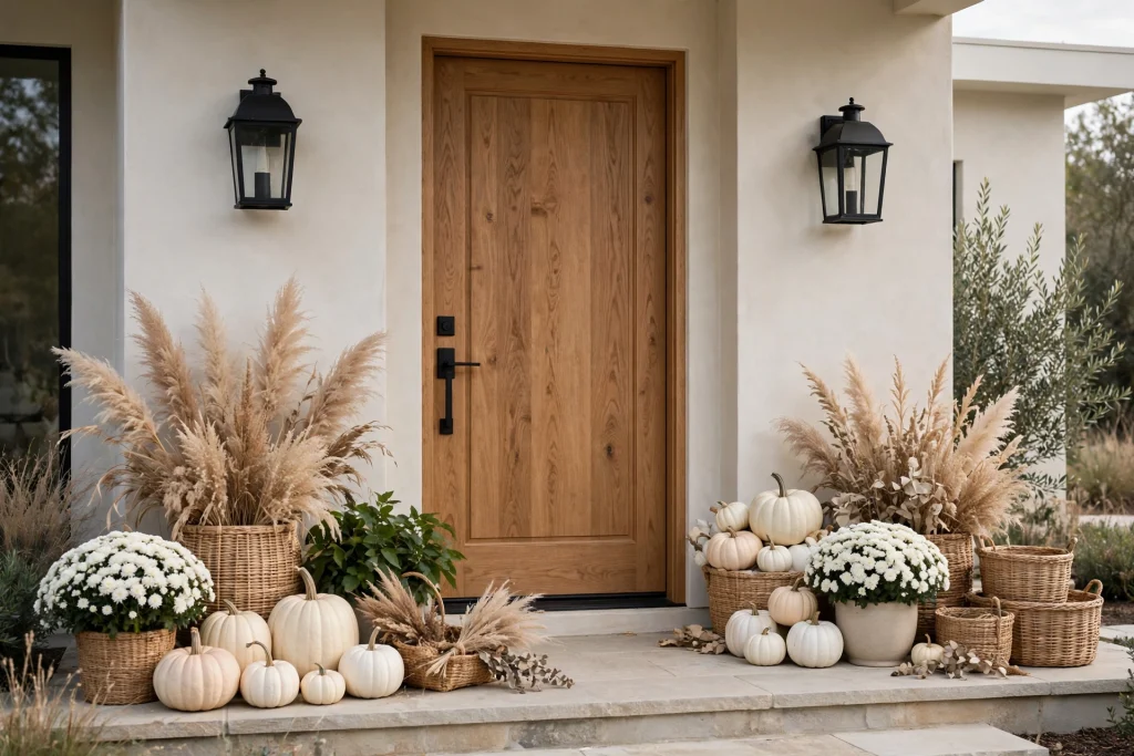Neutral fall porch with white pumpkins and woven baskets