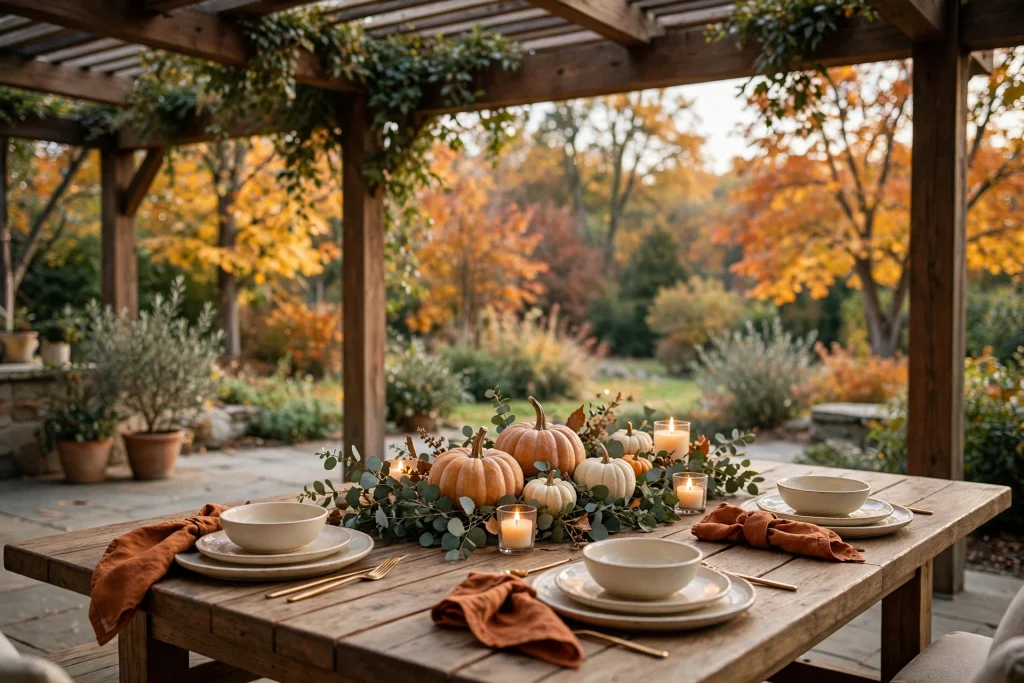 Outdoor fall dining table on a covered patio