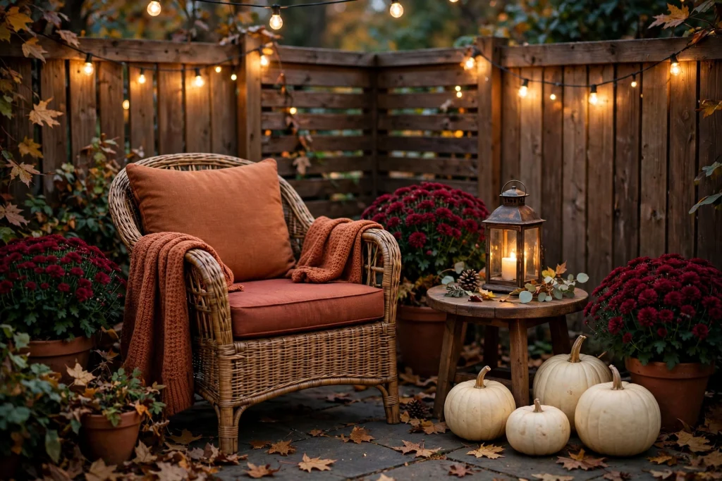 Small fall patio corner with chair, pumpkins and string lights