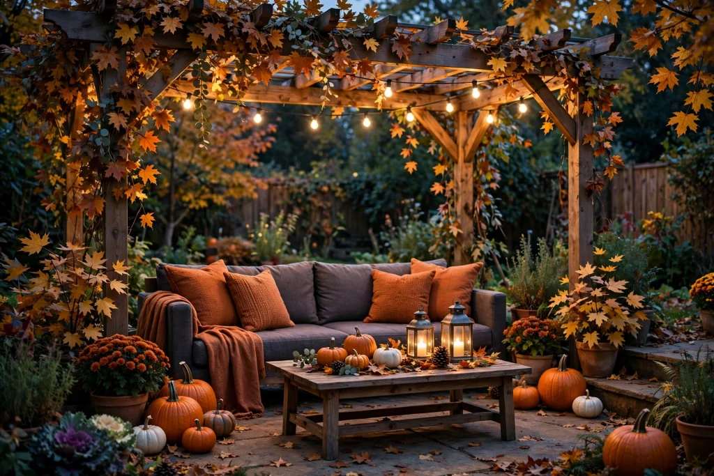 Backyard patio with string lights and fall decor