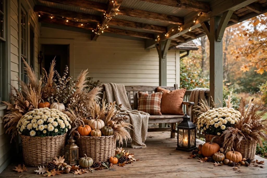 Woven baskets with mums and pumpkins on a fall porch