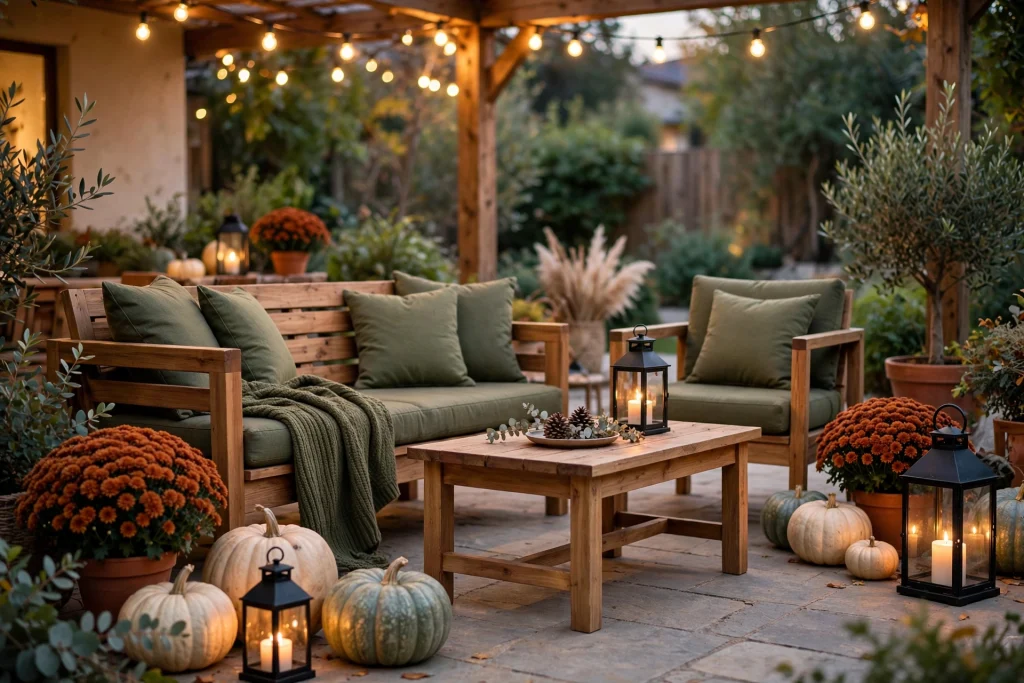 Autumn patio with olive cushions and rust mums