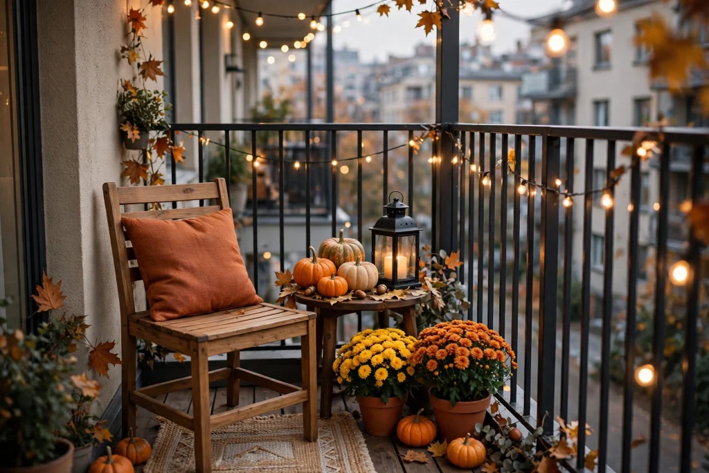 Small balcony decorated for fall with mini pumpkins