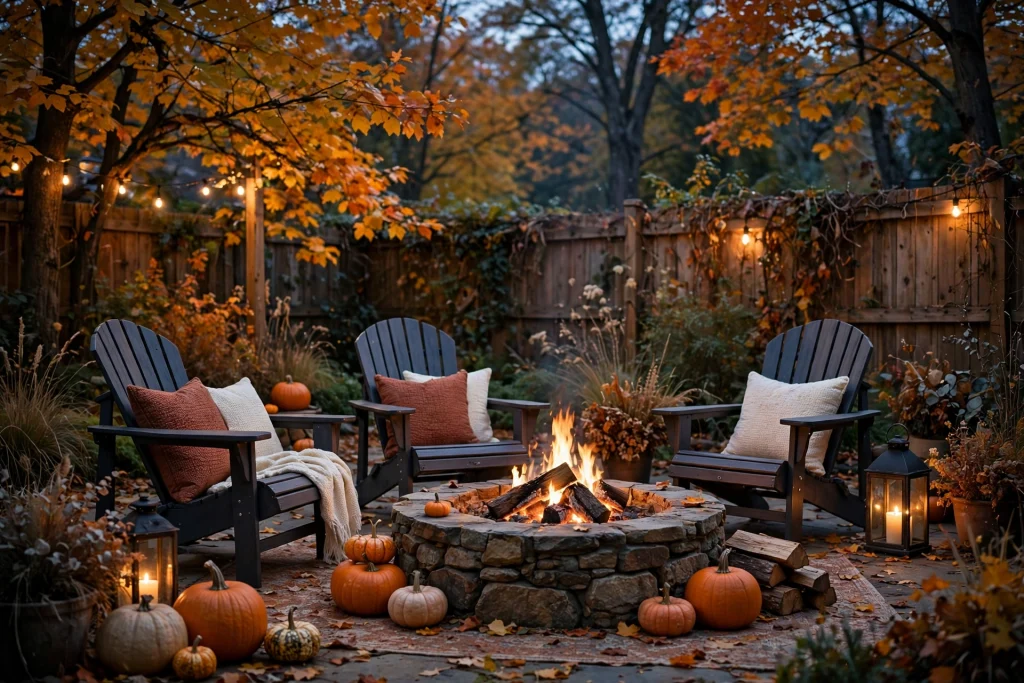 Backyard fire pit area with fall cushions and pumpkins