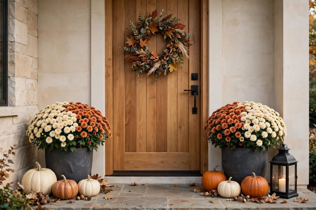 Simple fall home entrance with wreath and planters