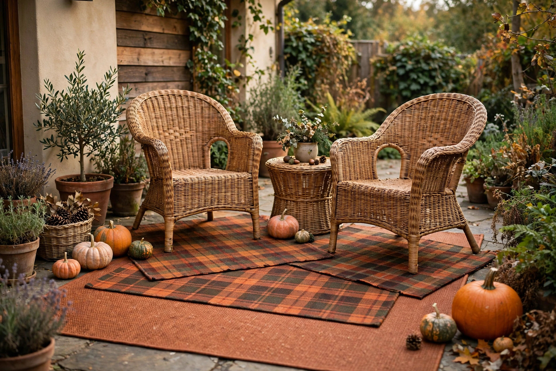 Layered outdoor rugs in warm rust and plaid patterns on a fall patio